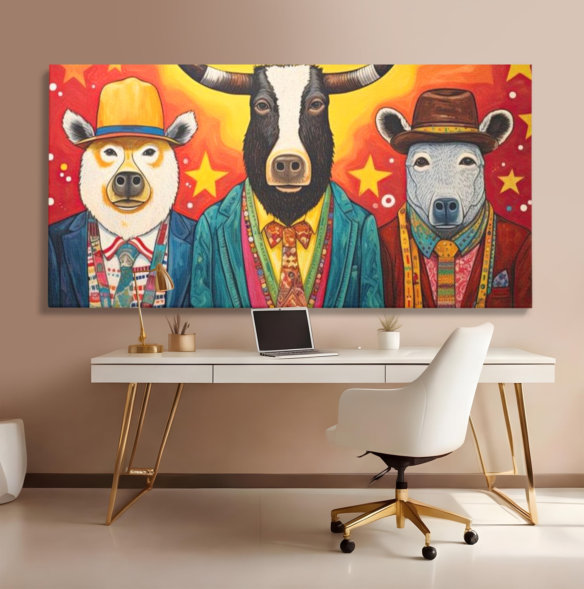 Tablou canvas cu tablou canvas cu trei animale antropomorfe stilizate, fara rama, pe sasiu de lemn, pe perete intr-un birou