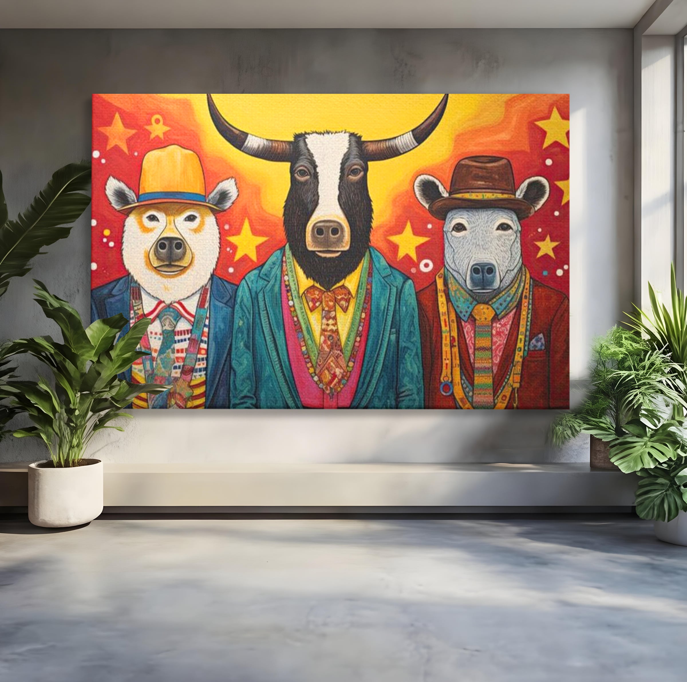 Tablou canvas cu tablou canvas cu trei animale antropomorfe stilizate, fara rama, pe sasiu de lemn