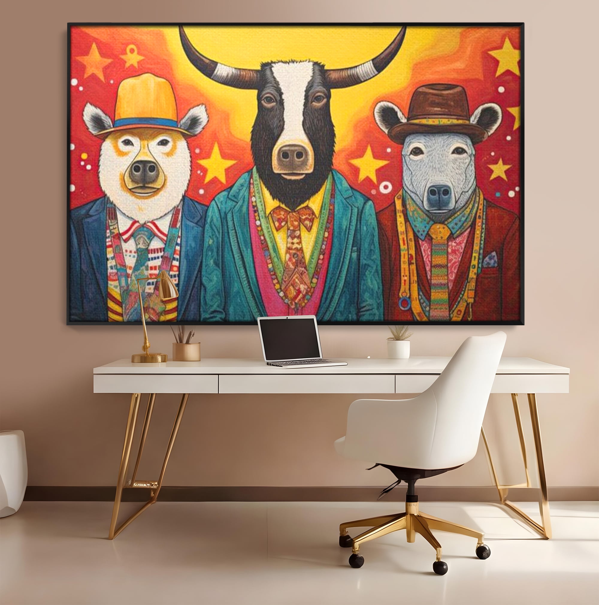 Tablou canvas cu tablou canvas cu trei animale antropomorfe stilizate, in rama de aluminiu negru, pe perete intr-un birou