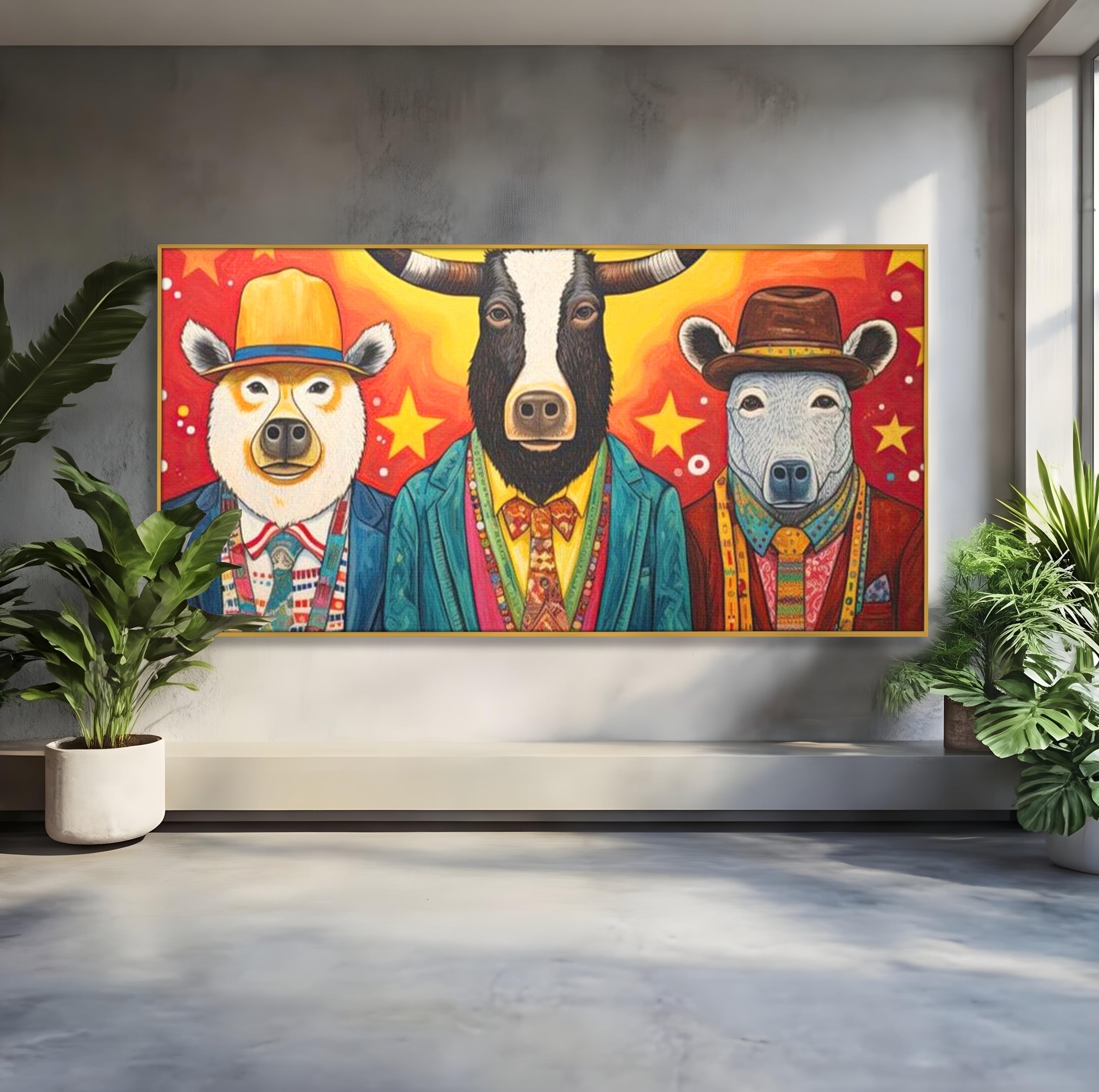 Tablou canvas cu tablou canvas cu trei animale antropomorfe stilizate, in rama de aluminiu auriu