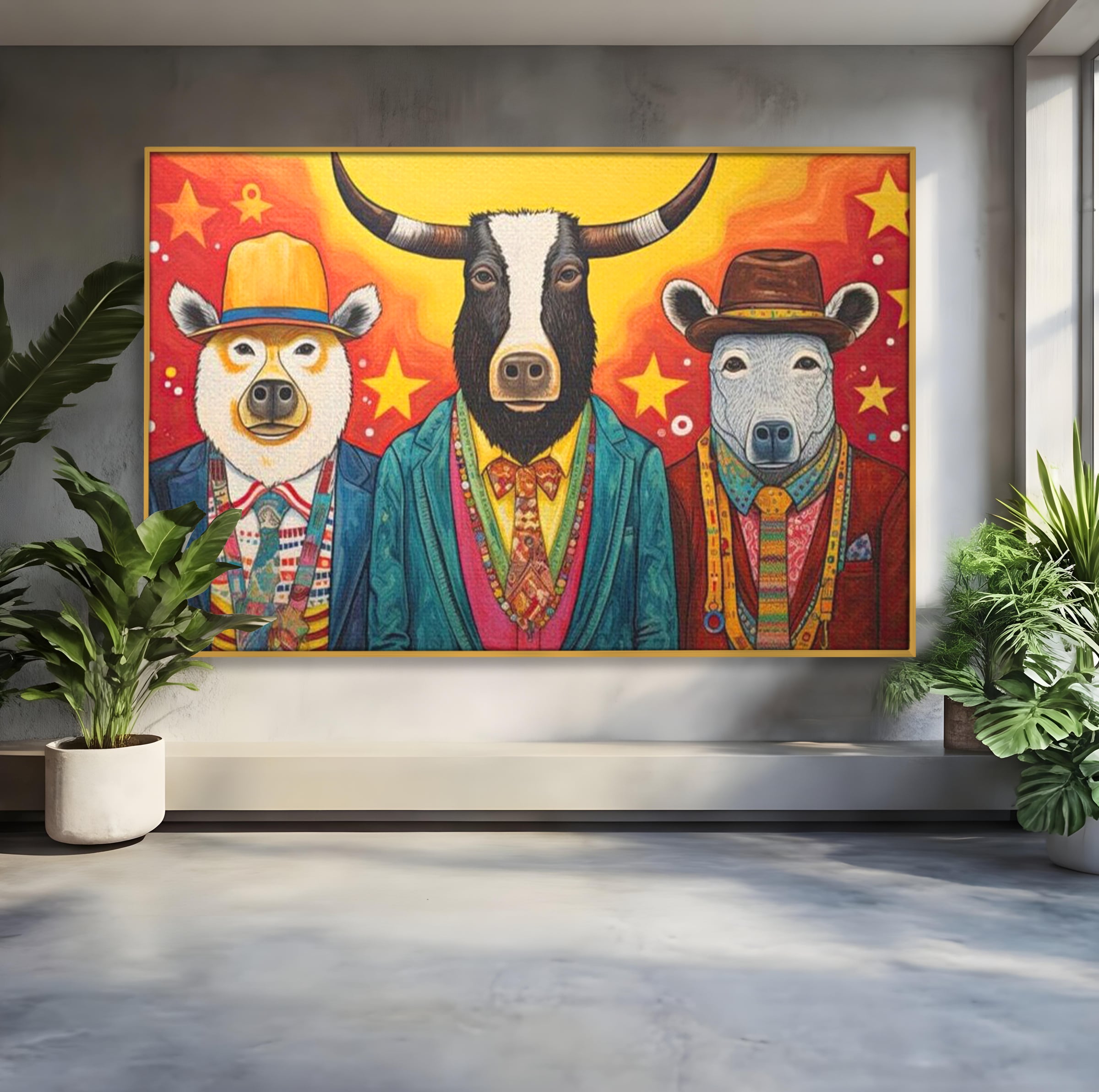 Tablou canvas cu tablou canvas cu trei animale antropomorfe stilizate, in rama de aluminiu auriu
