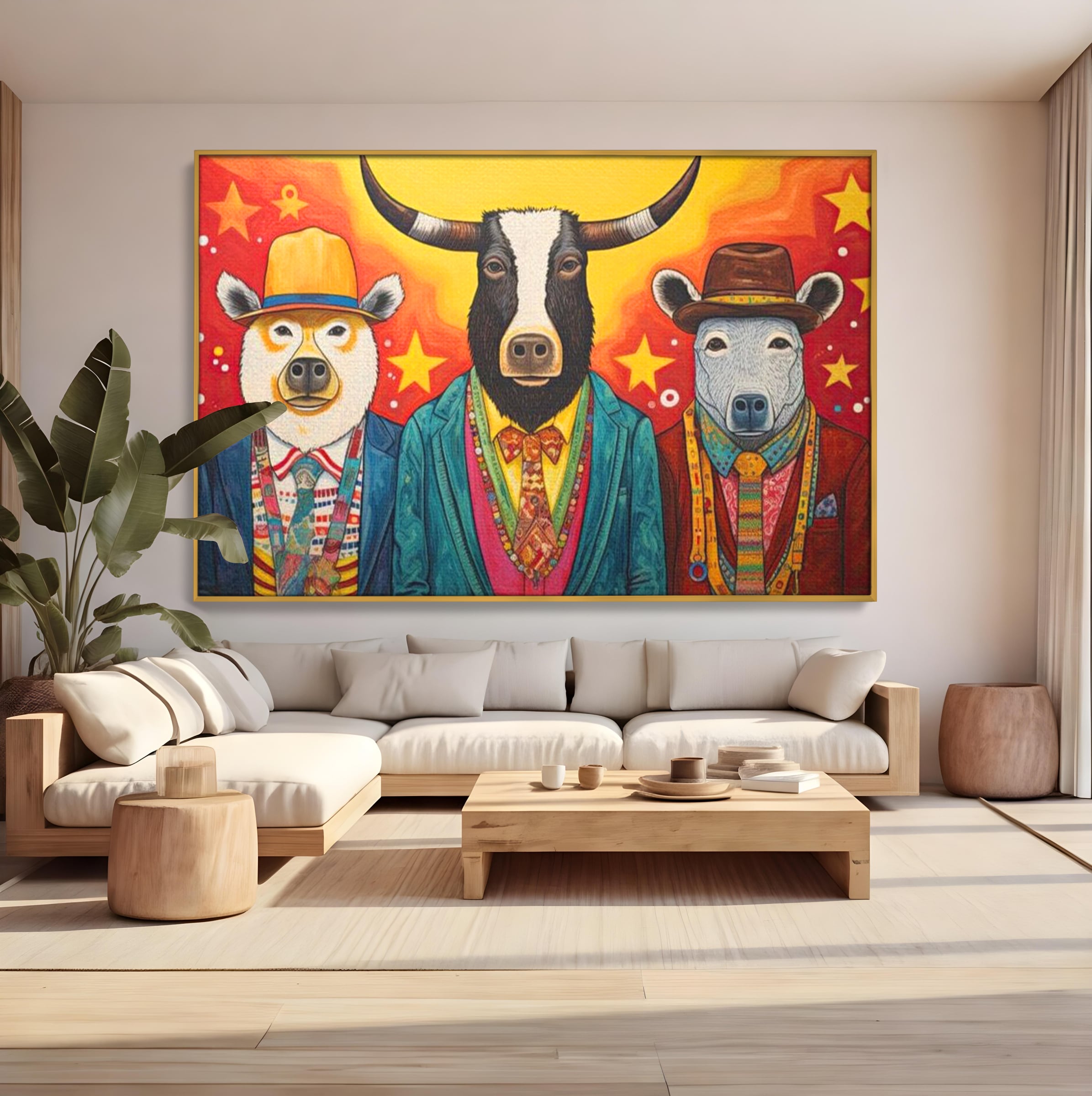 Tablou canvas cu tablou canvas cu trei animale antropomorfe stilizate, in rama de aluminiu auriu, pe perete intr-un living