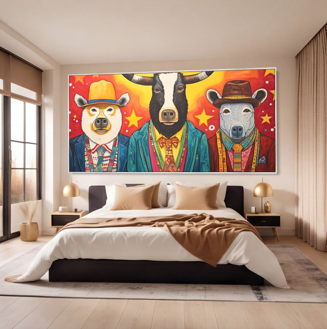 Tablou canvas cu tablou canvas cu trei animale antropomorfe stilizate, in rama de aluminiu argintiu, pe perete intr-un dormitor