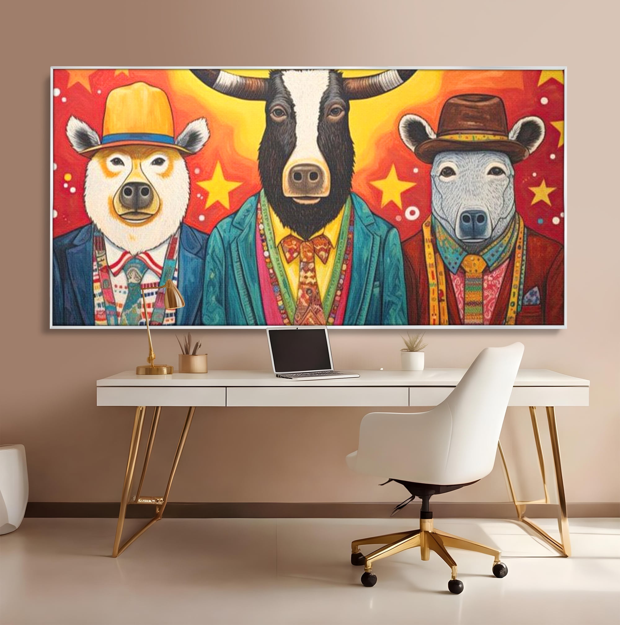 Tablou canvas cu tablou canvas cu trei animale antropomorfe stilizate, in rama de aluminiu argintiu, pe perete intr-un birou