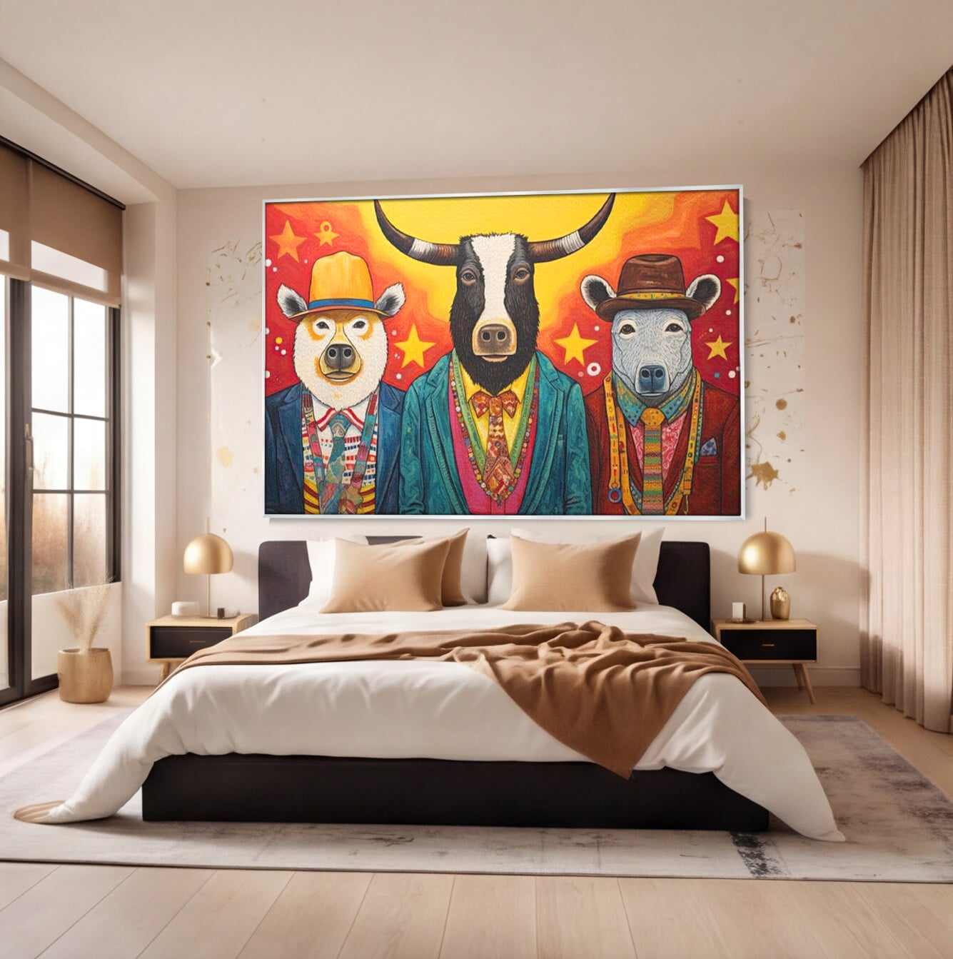 Tablou canvas cu tablou canvas cu trei animale antropomorfe stilizate, in rama de aluminiu argintiu, pe perete intr-un dormitor