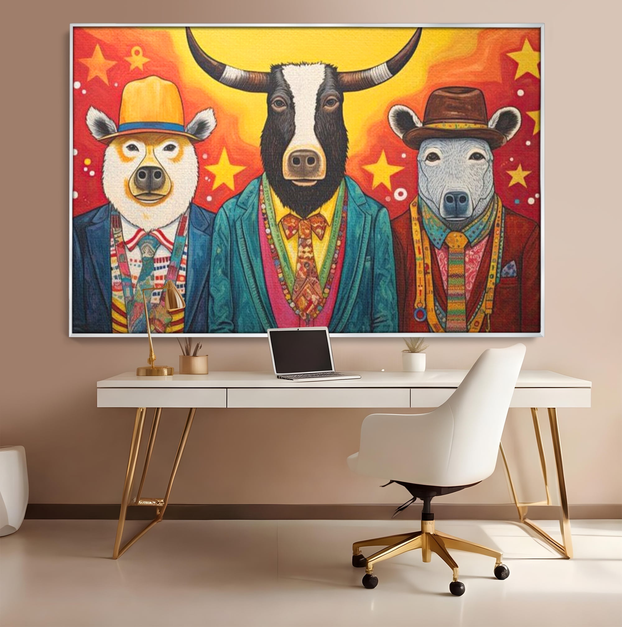 Tablou canvas cu tablou canvas cu trei animale antropomorfe stilizate, in rama de aluminiu argintiu, pe perete intr-un birou