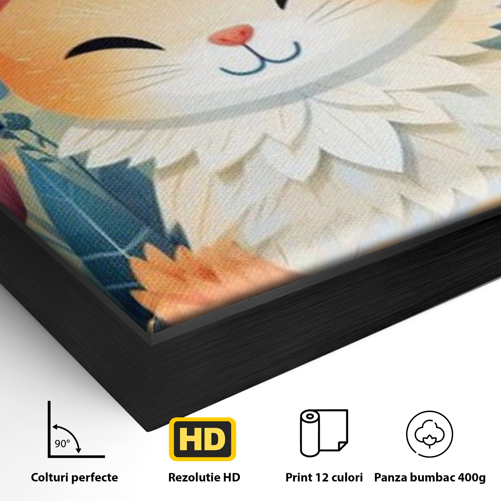 Detaliu al suprafetei: tablou canvas cu pisicuta in gradina cu flori, in rama de aluminiu negru