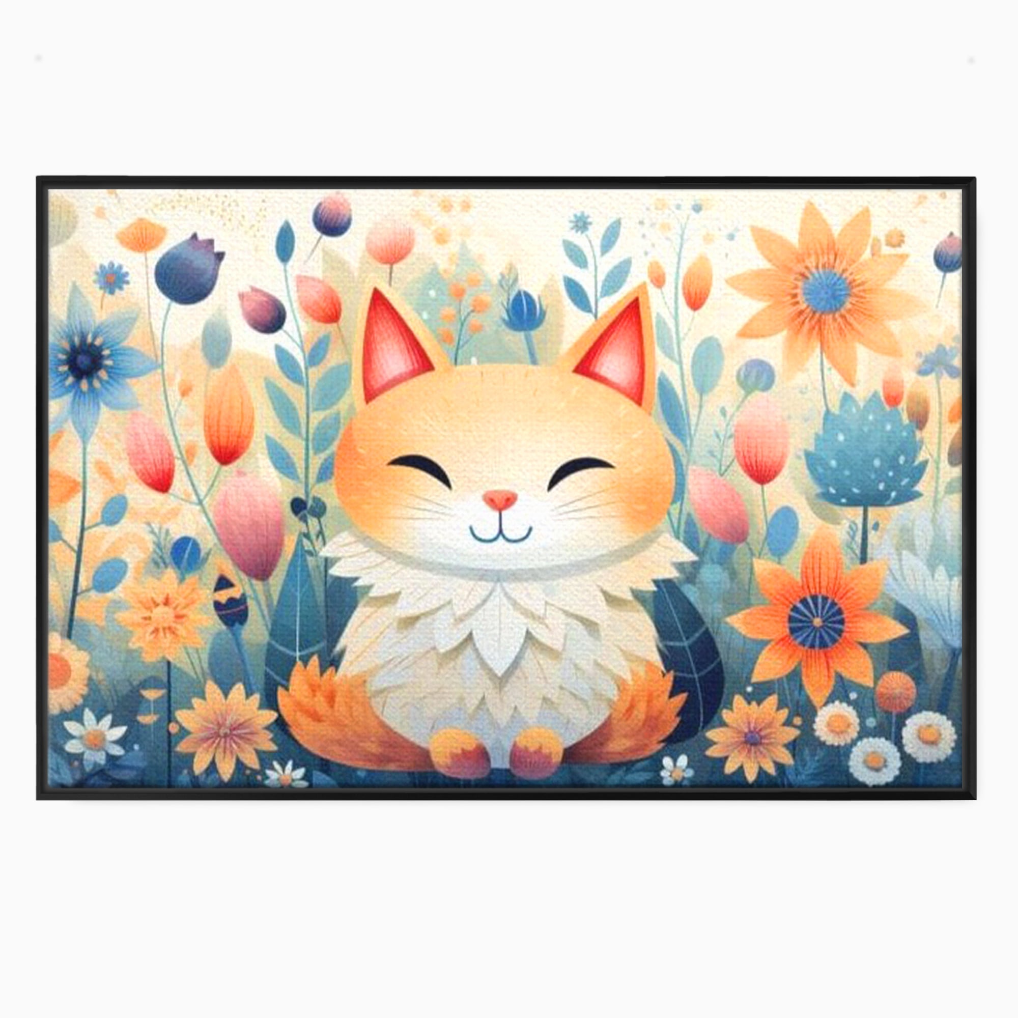 Tablou canvas cu tablou canvas cu pisicuta in gradina cu flori, in rama de aluminiu negru