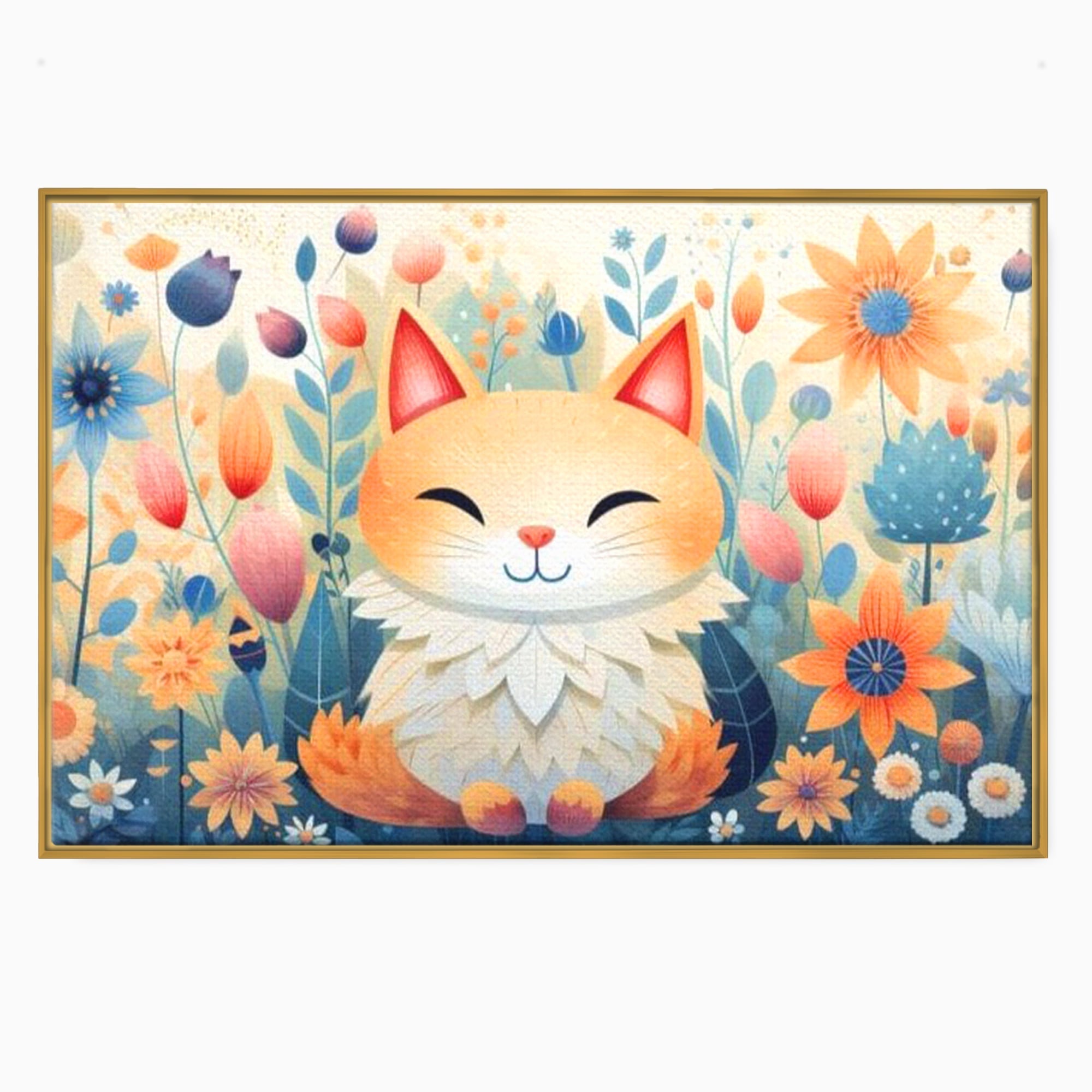 Tablou canvas cu tablou canvas cu pisicuta in gradina cu flori, in rama de aluminiu auriu