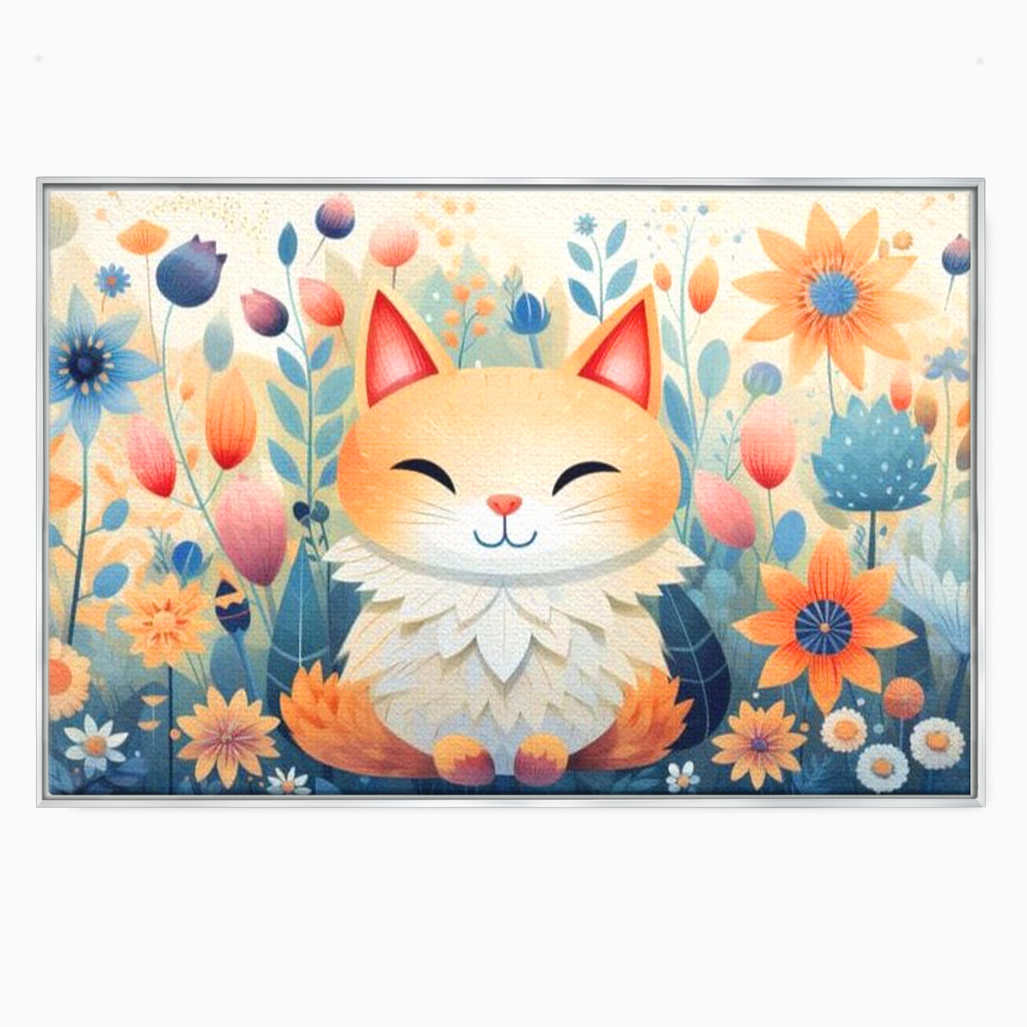 Tablou canvas cu tablou canvas cu pisicuta in gradina cu flori, in rama de aluminiu argintiu