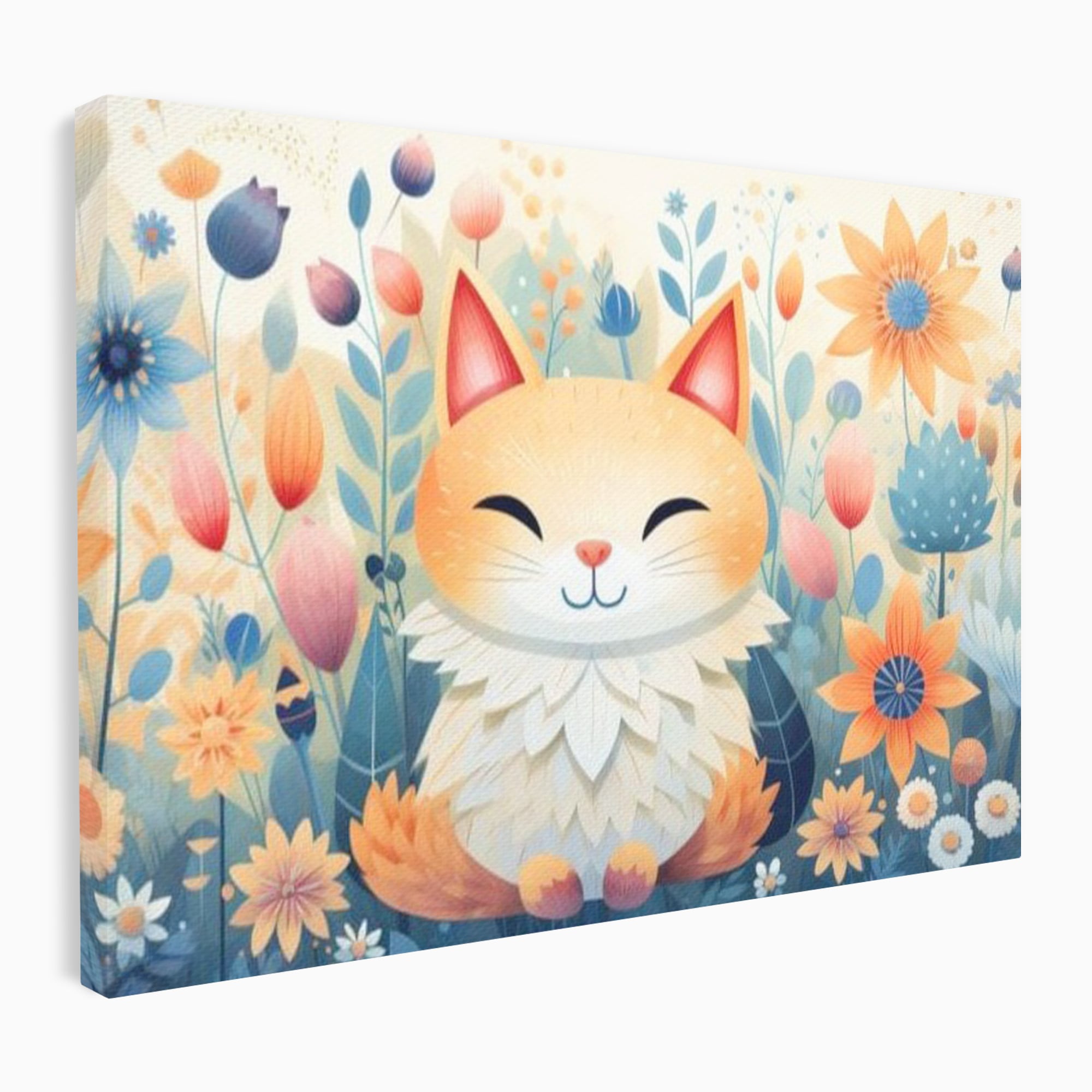 Tablou canvas cu tablou canvas cu pisicuta in gradina cu flori, fara rama, pe sasiu de lemn