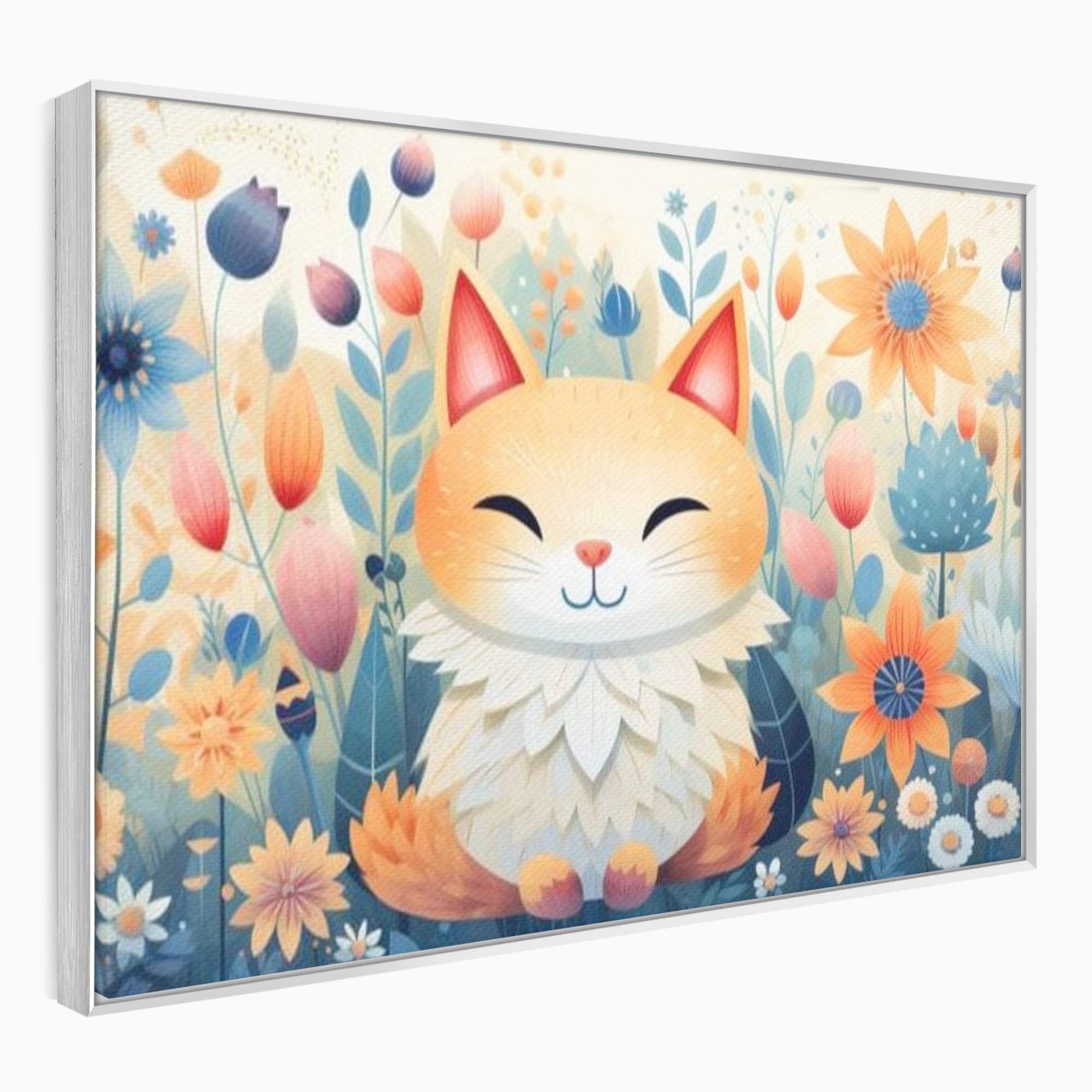 Tablou canvas cu tablou canvas cu pisicuta in gradina cu flori, in rama de aluminiu argintiu