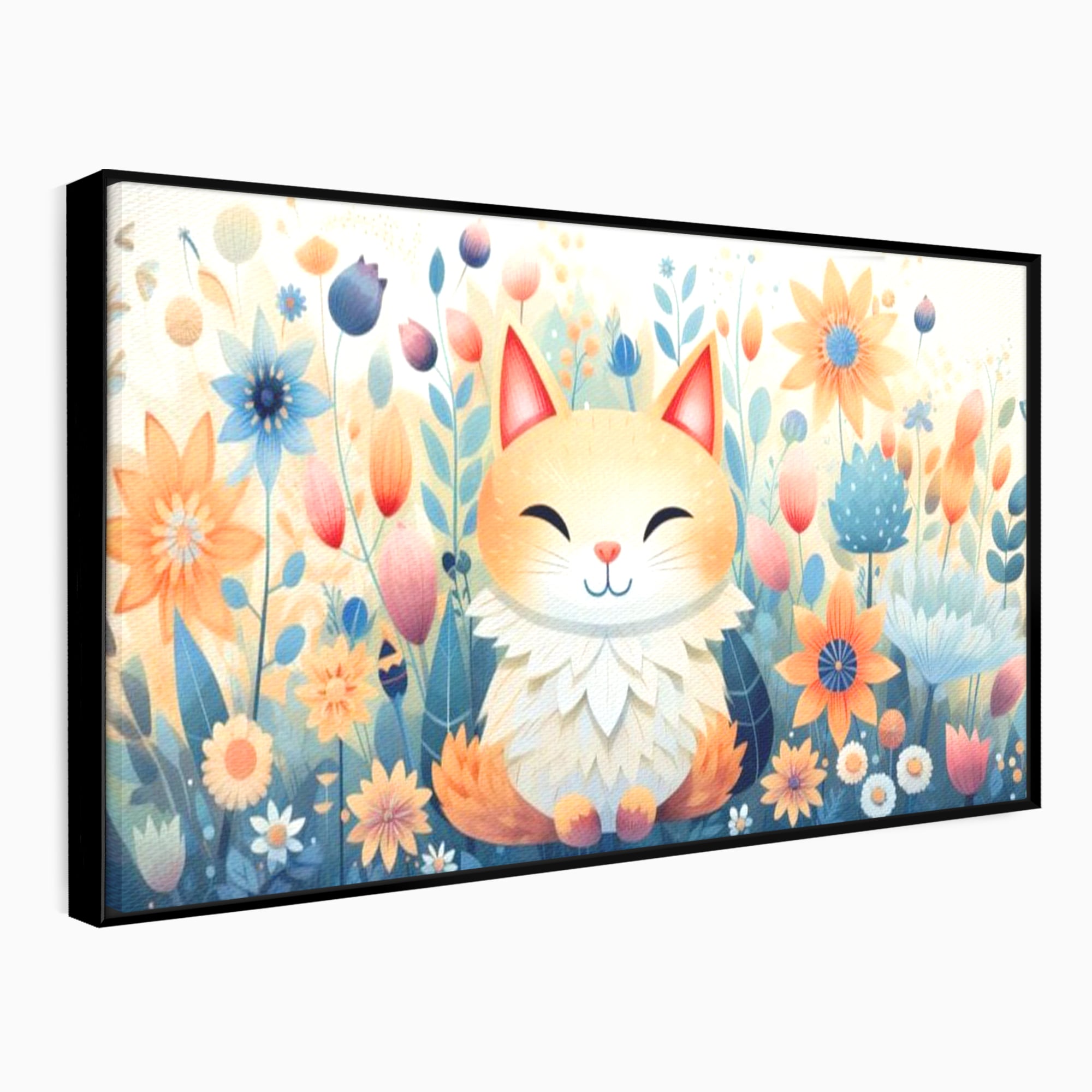 Tablou canvas cu tablou canvas cu pisicuta in gradina cu flori, in rama de aluminiu negru
