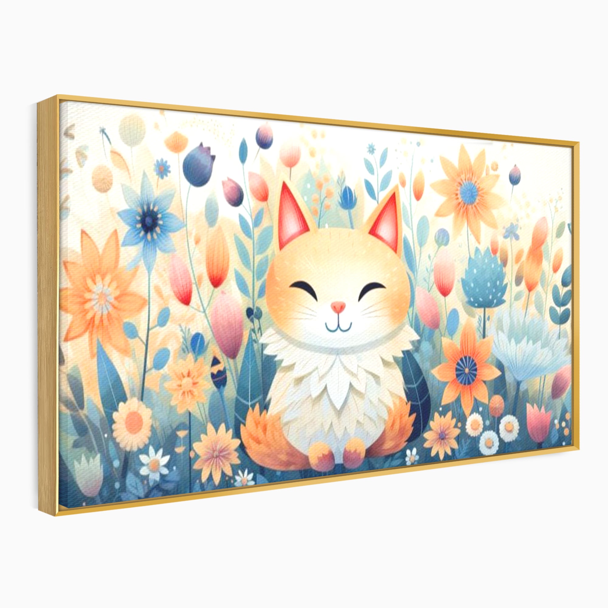 Tablou canvas cu tablou canvas cu pisicuta in gradina cu flori, in rama de aluminiu auriu