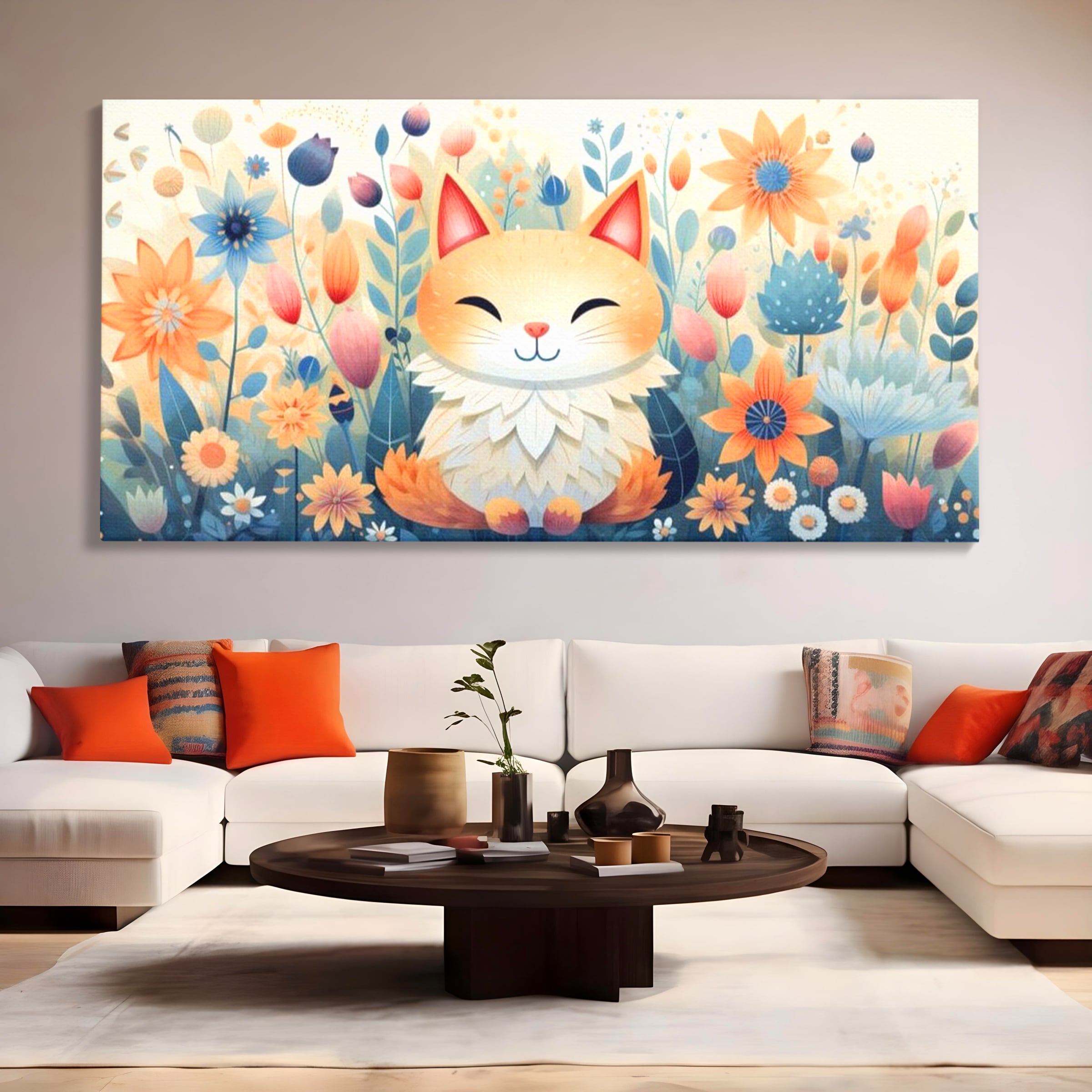 Tablou canvas cu tablou canvas cu pisicuta in gradina cu flori, fara rama, pe sasiu de lemn, pe perete intr-un living