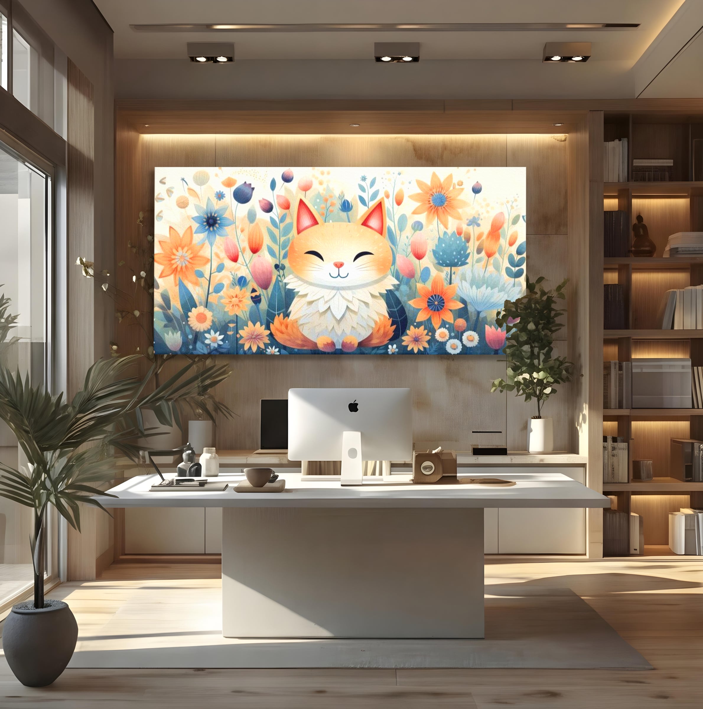 Tablou canvas cu tablou canvas cu pisicuta in gradina cu flori, fara rama, pe sasiu de lemn, pe perete intr-un birou