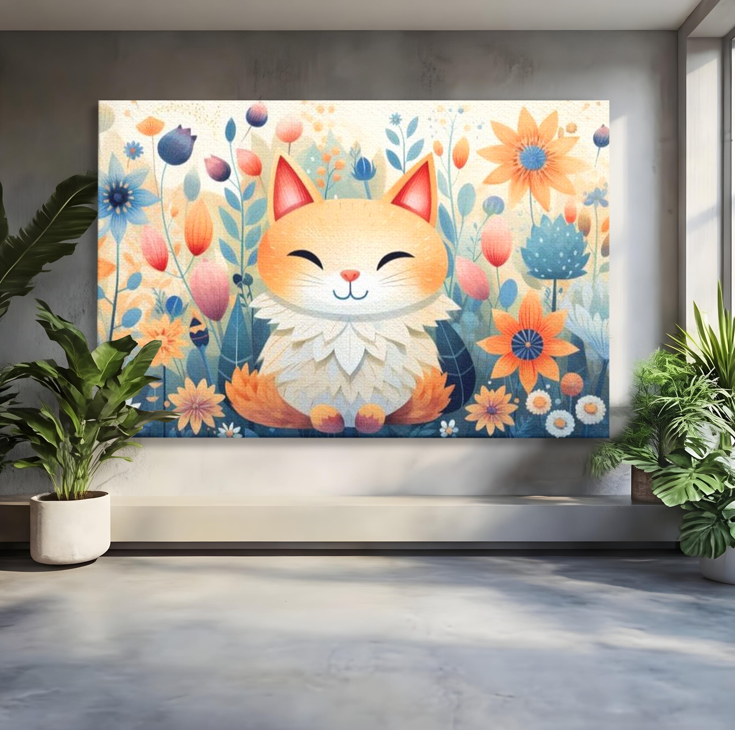Tablou canvas cu tablou canvas cu pisicuta in gradina cu flori, fara rama, pe sasiu de lemn