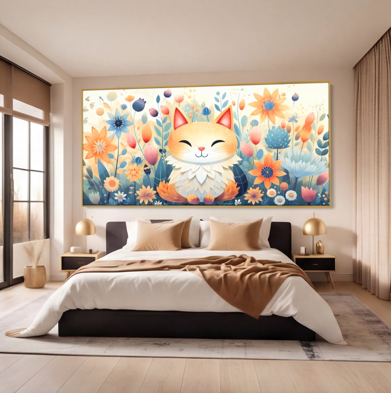 Tablou canvas cu tablou canvas cu pisicuta in gradina cu flori, in rama de aluminiu auriu, pe perete intr-un dormitor