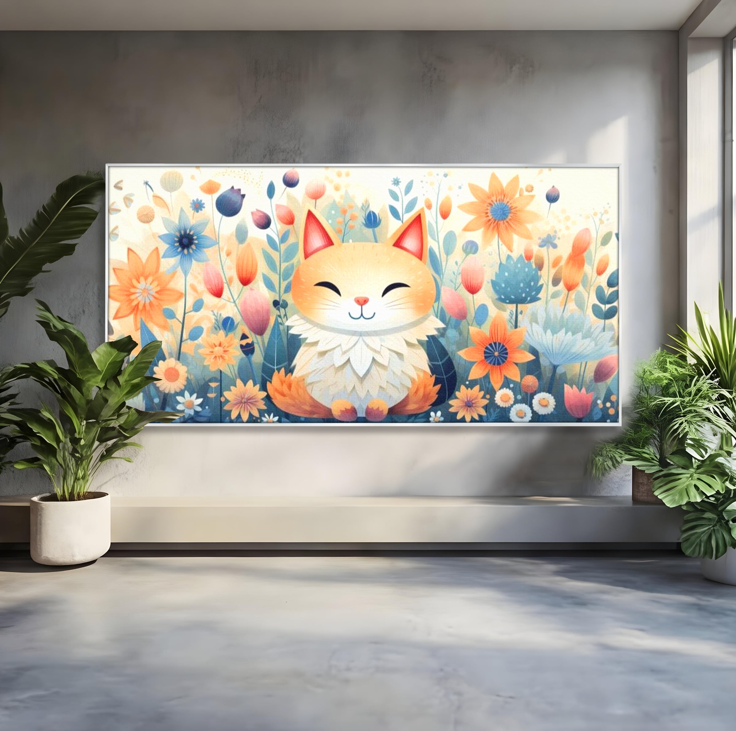 Tablou canvas cu tablou canvas cu pisicuta in gradina cu flori, in rama de aluminiu argintiu