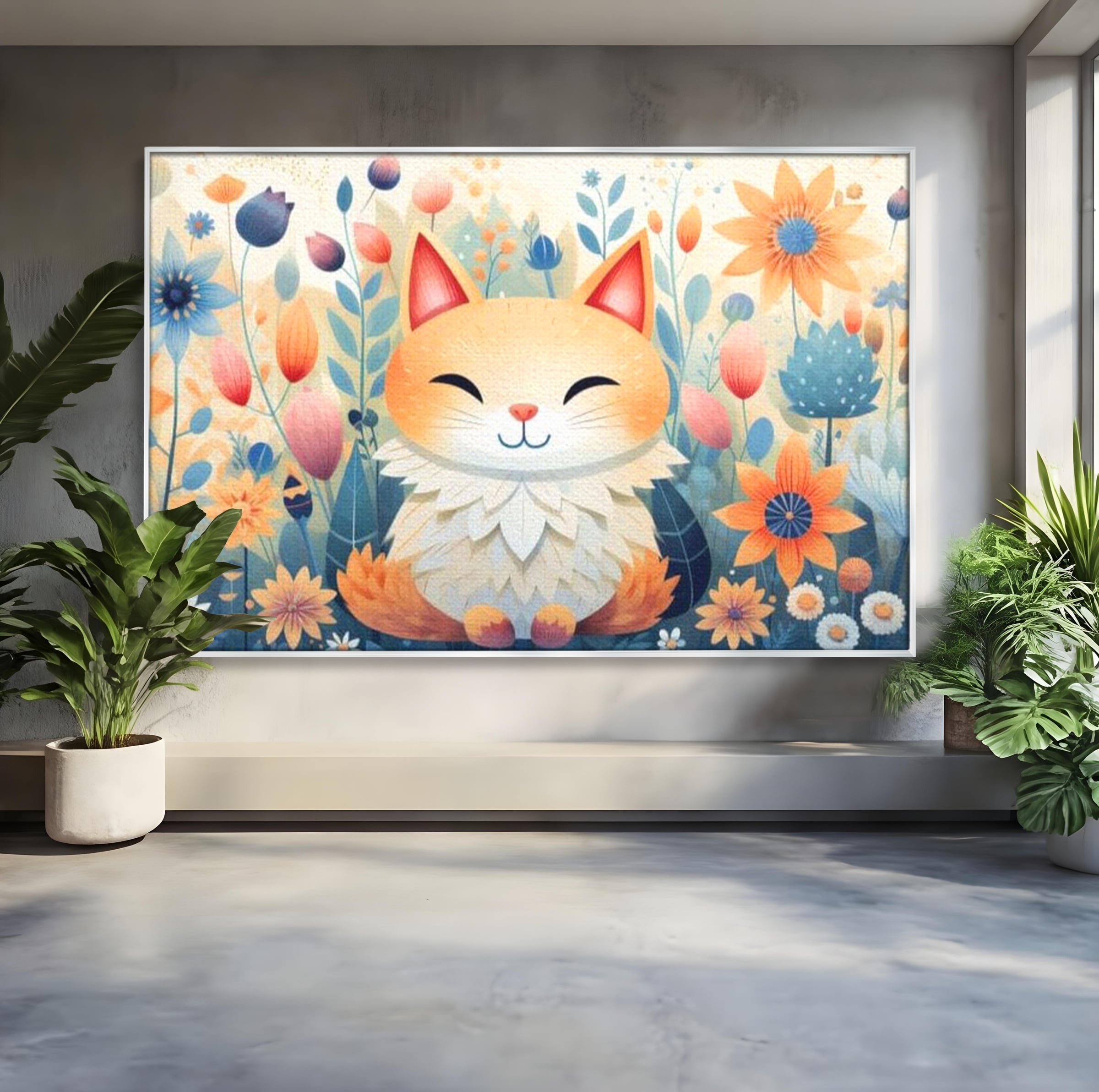 Tablou canvas cu tablou canvas cu pisicuta in gradina cu flori, in rama de aluminiu argintiu