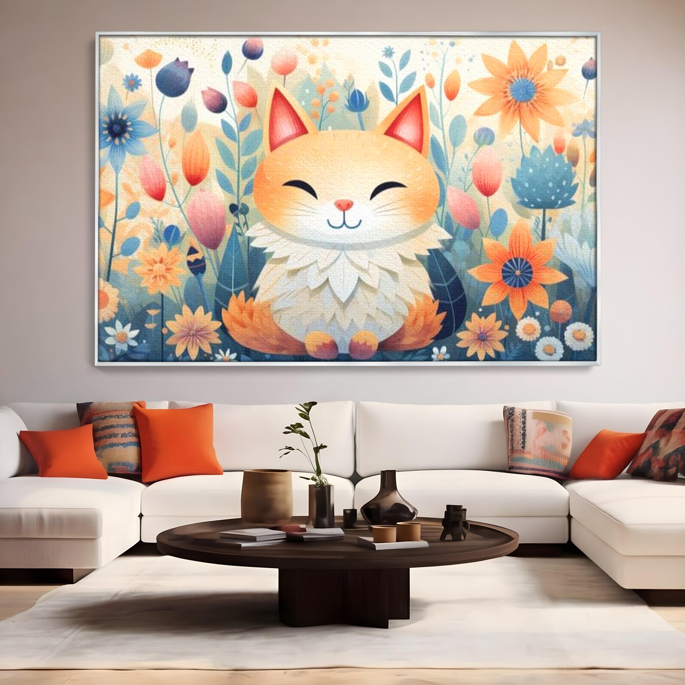 Tablou canvas cu tablou canvas cu pisicuta in gradina cu flori, in rama de aluminiu argintiu, pe perete intr-un living