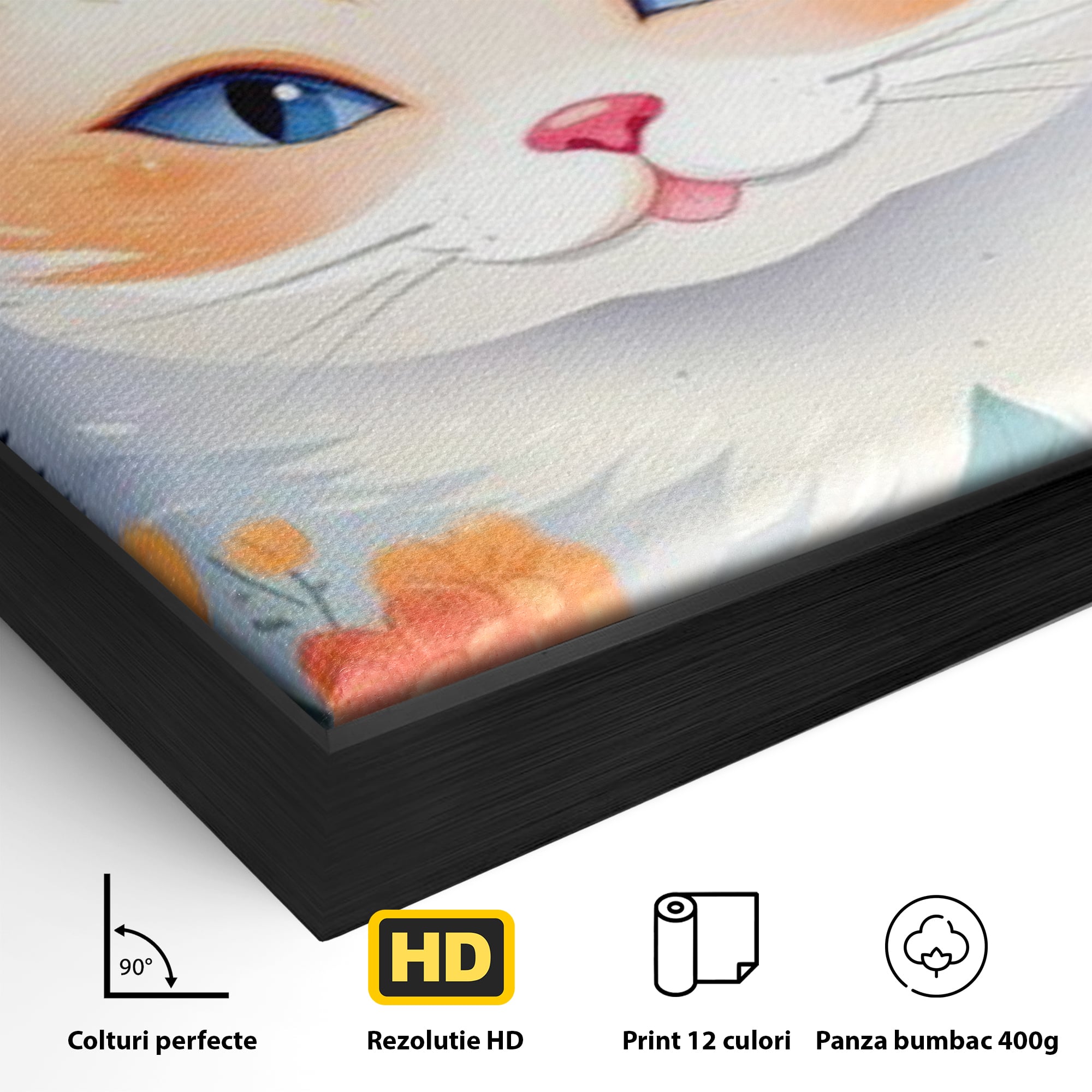 Detaliu al suprafetei: ilustratie digitala cu pisica alba si flori, in rama de aluminiu negru