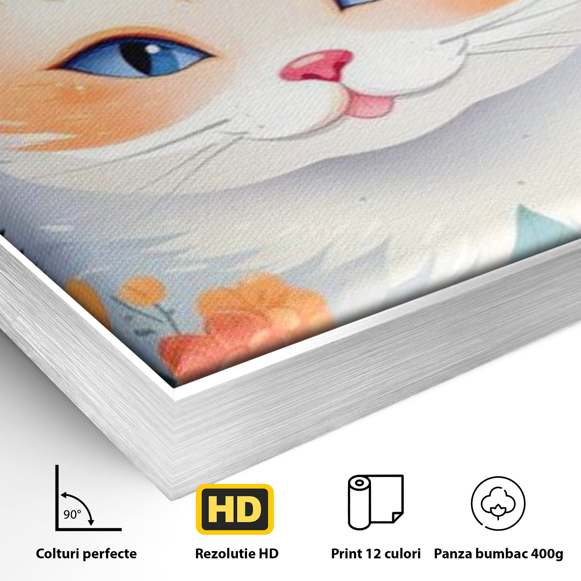 Detaliu al suprafetei: ilustratie digitala cu pisica alba si flori, in rama de aluminiu argintiu