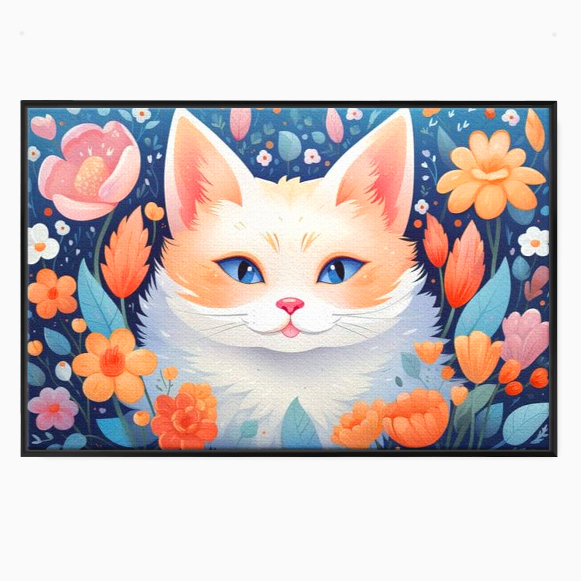 Tablou canvas cu ilustratie digitala cu pisica alba si flori, in rama de aluminiu negru