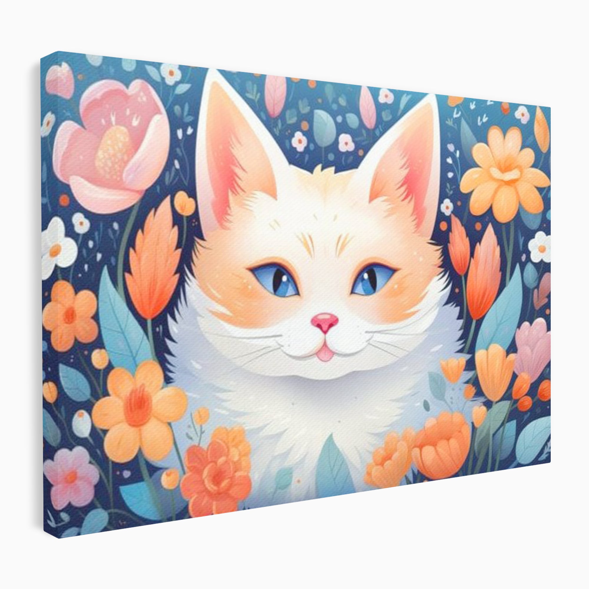 Tablou canvas cu ilustratie digitala cu pisica alba si flori, fara rama, pe sasiu de lemn