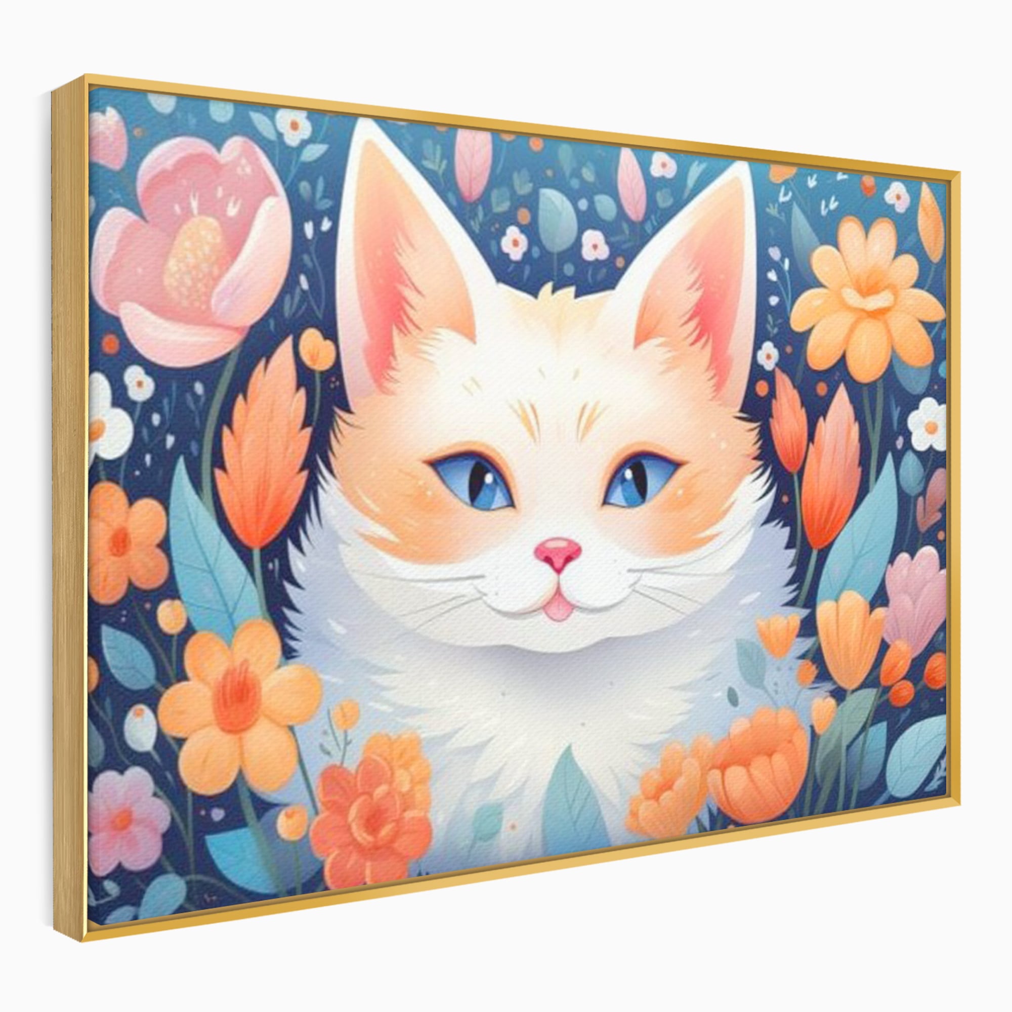 Tablou canvas cu ilustratie digitala cu pisica alba si flori, in rama de aluminiu auriu
