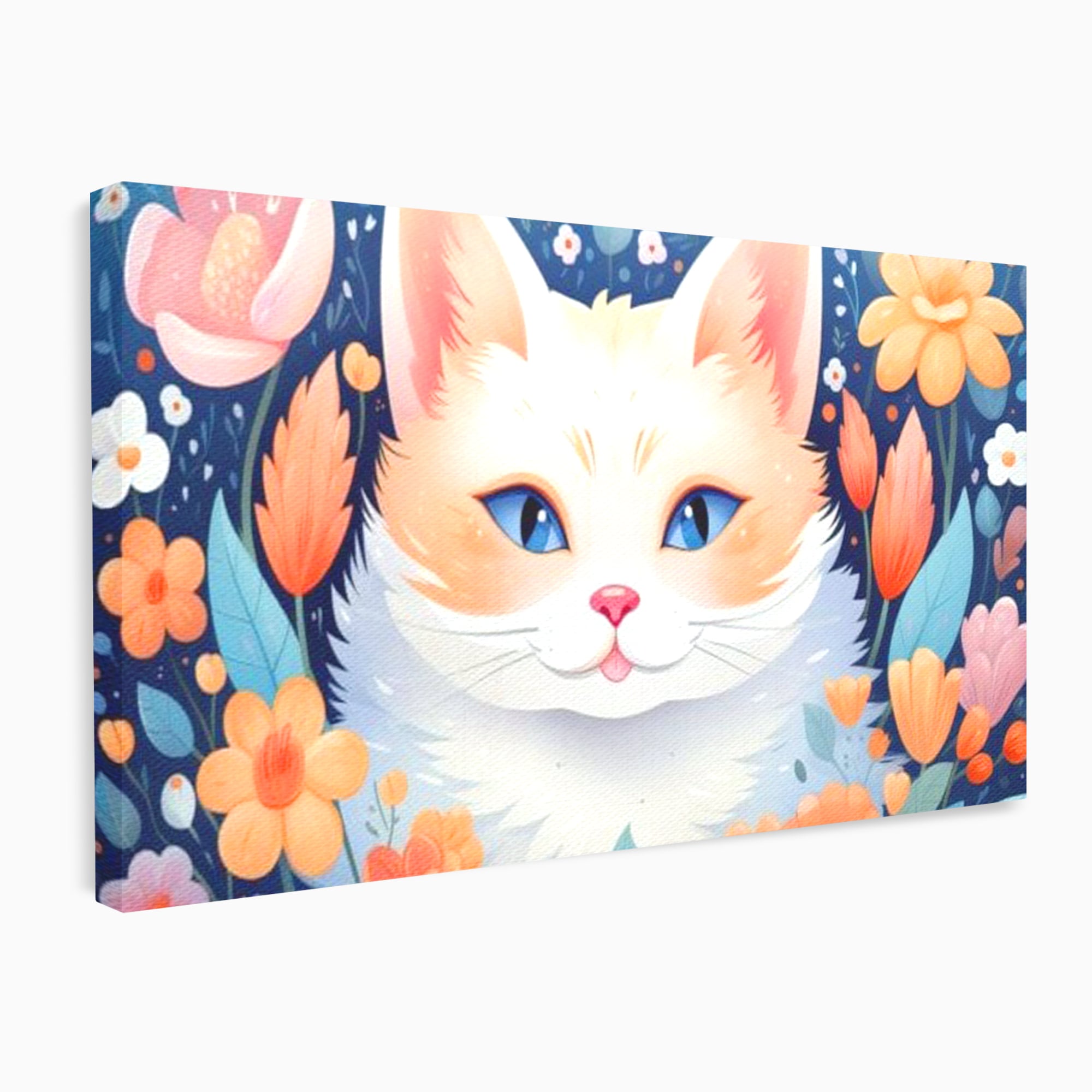 Tablou canvas cu ilustratie digitala cu pisica alba si flori, fara rama, pe sasiu de lemn