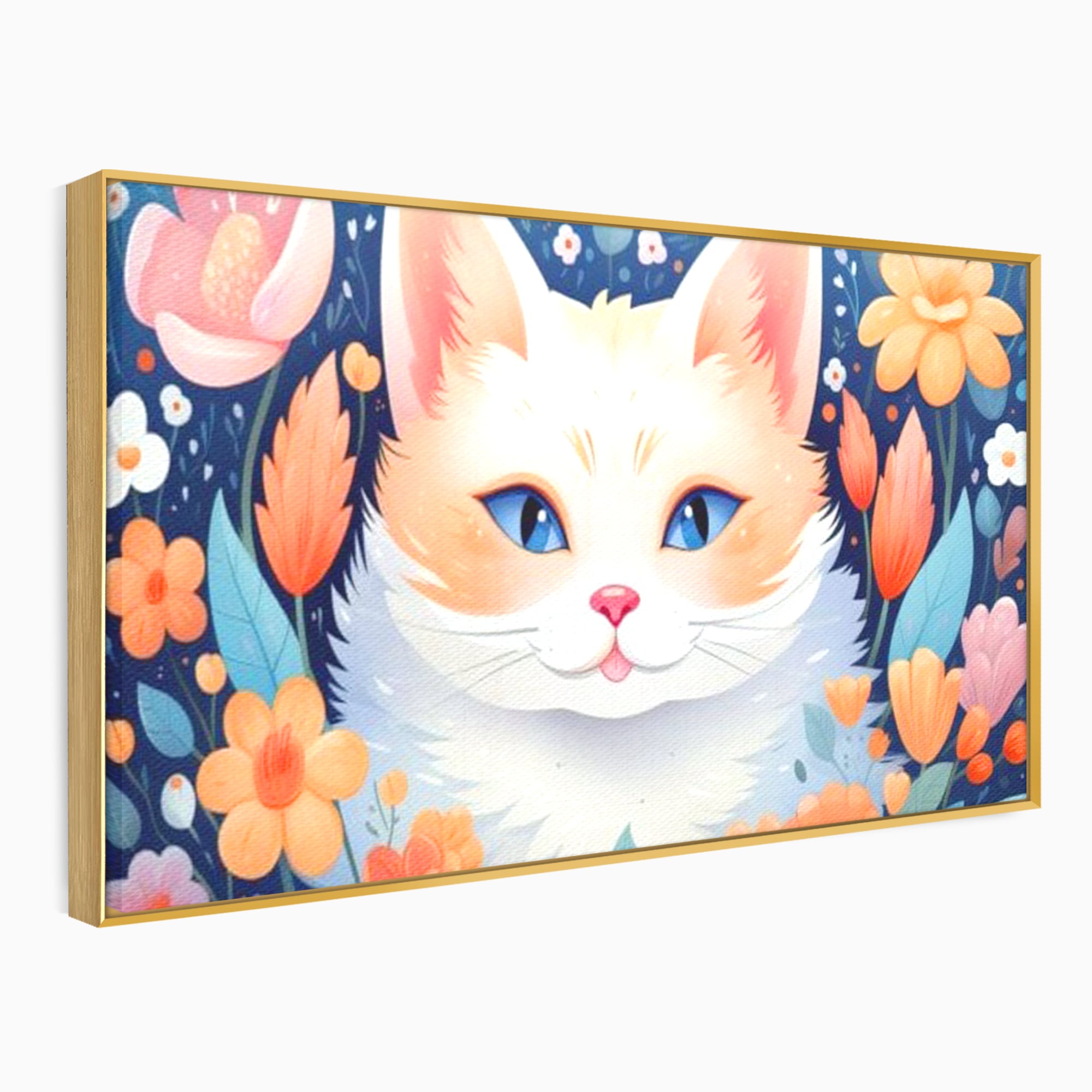 Tablou canvas cu ilustratie digitala cu pisica alba si flori, in rama de aluminiu auriu