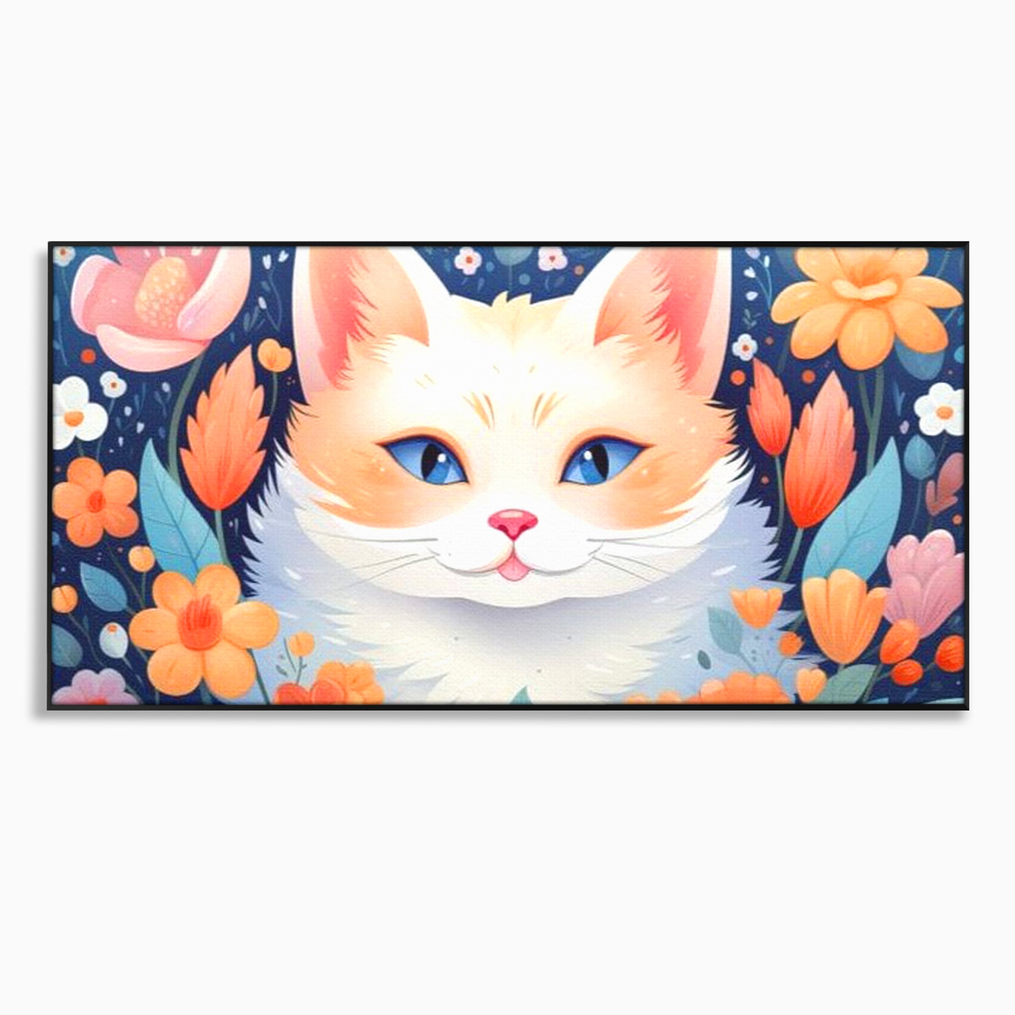Tablou canvas cu ilustratie digitala cu pisica alba si flori, in rama de aluminiu negru