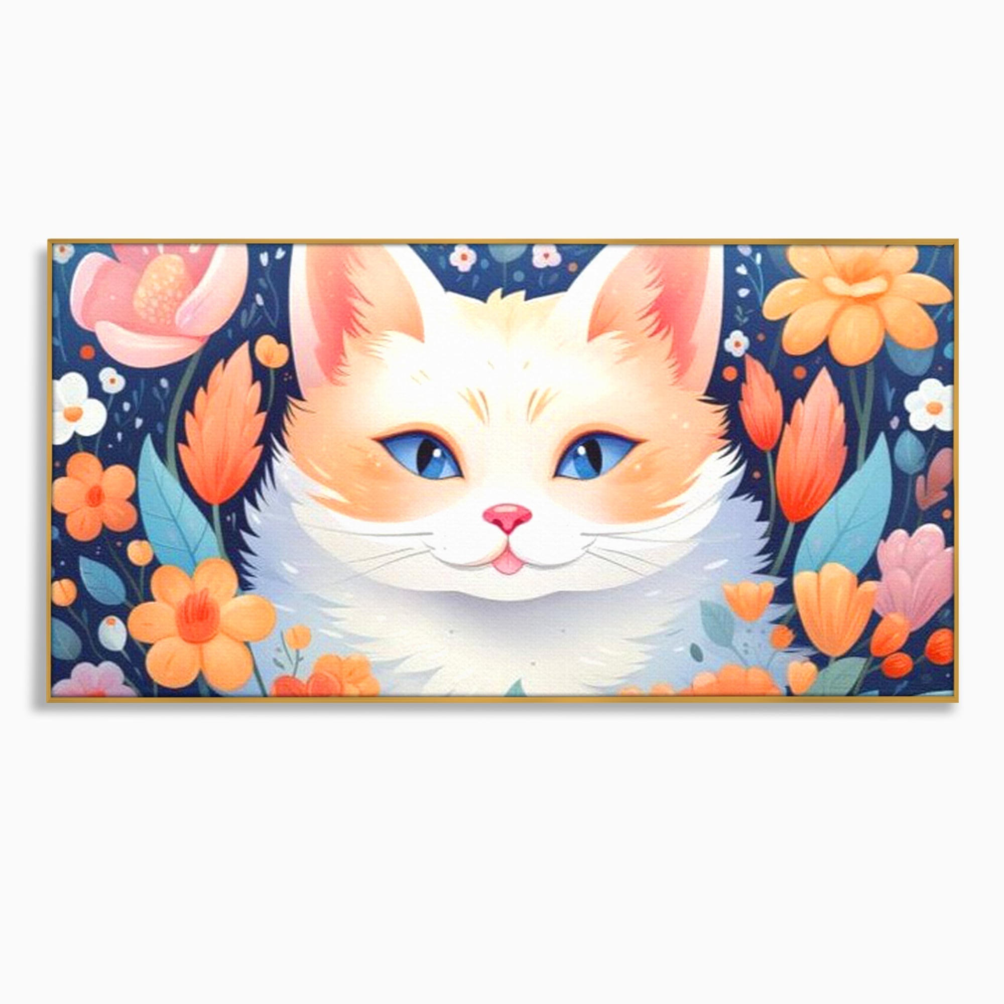 Tablou canvas cu ilustratie digitala cu pisica alba si flori, in rama de aluminiu auriu