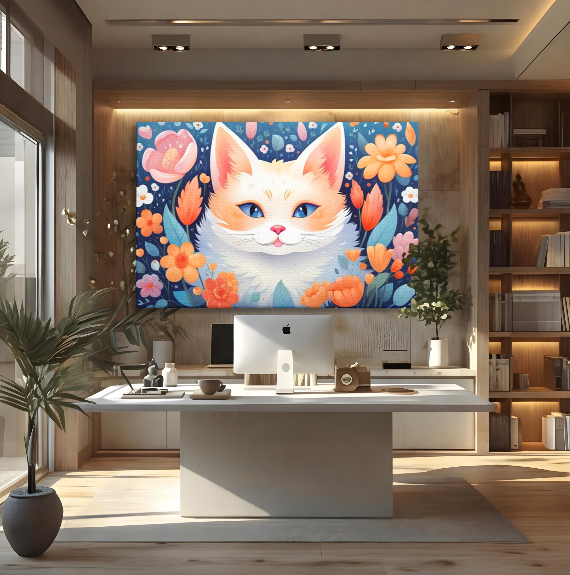 Tablou canvas cu ilustratie digitala cu pisica alba si flori, fara rama, pe sasiu de lemn, pe perete intr-un birou