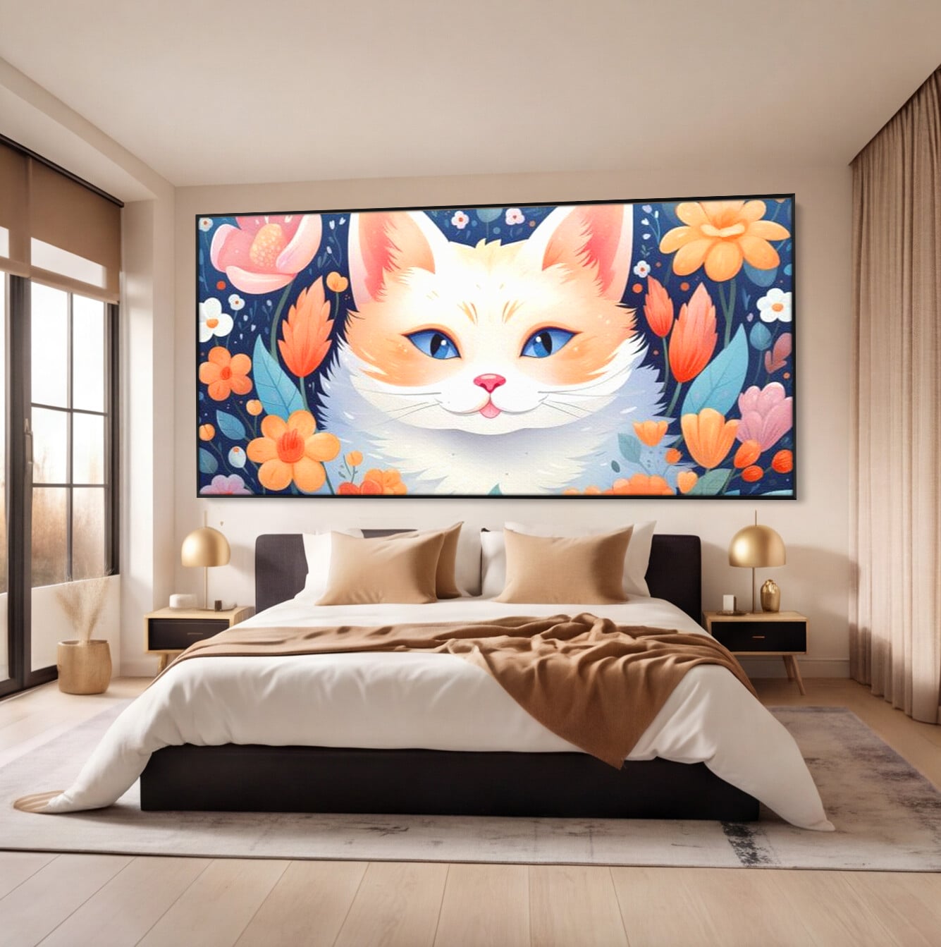 Tablou canvas cu ilustratie digitala cu pisica alba si flori, in rama de aluminiu negru, pe perete intr-un dormitor