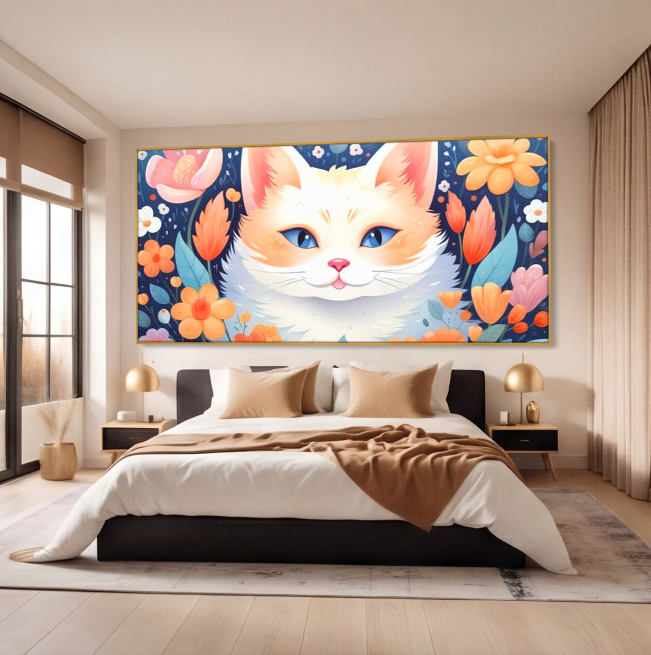 Tablou canvas cu ilustratie digitala cu pisica alba si flori, in rama de aluminiu auriu, pe perete intr-un dormitor