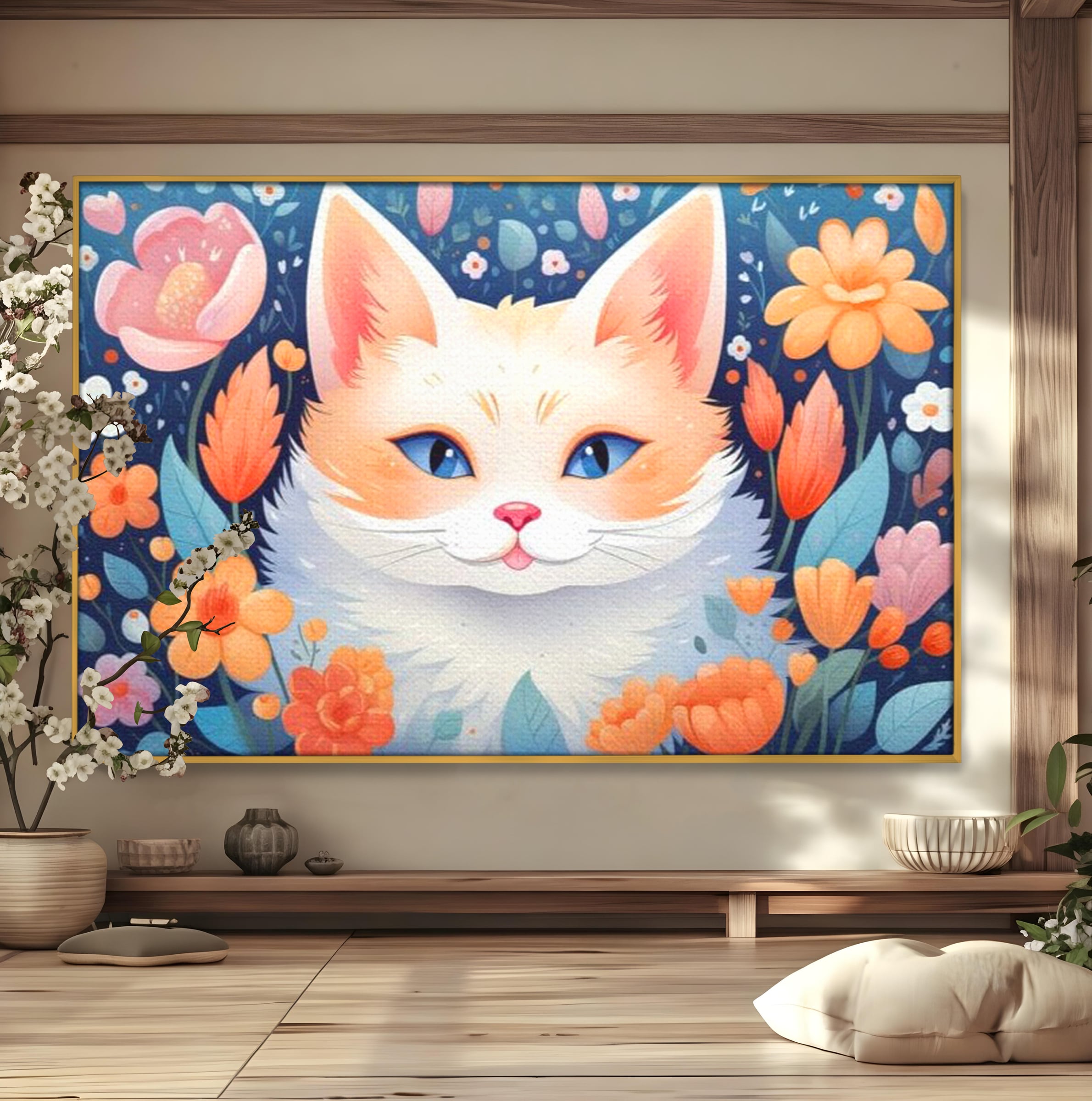 Tablou canvas cu ilustratie digitala cu pisica alba si flori, in rama de aluminiu auriu