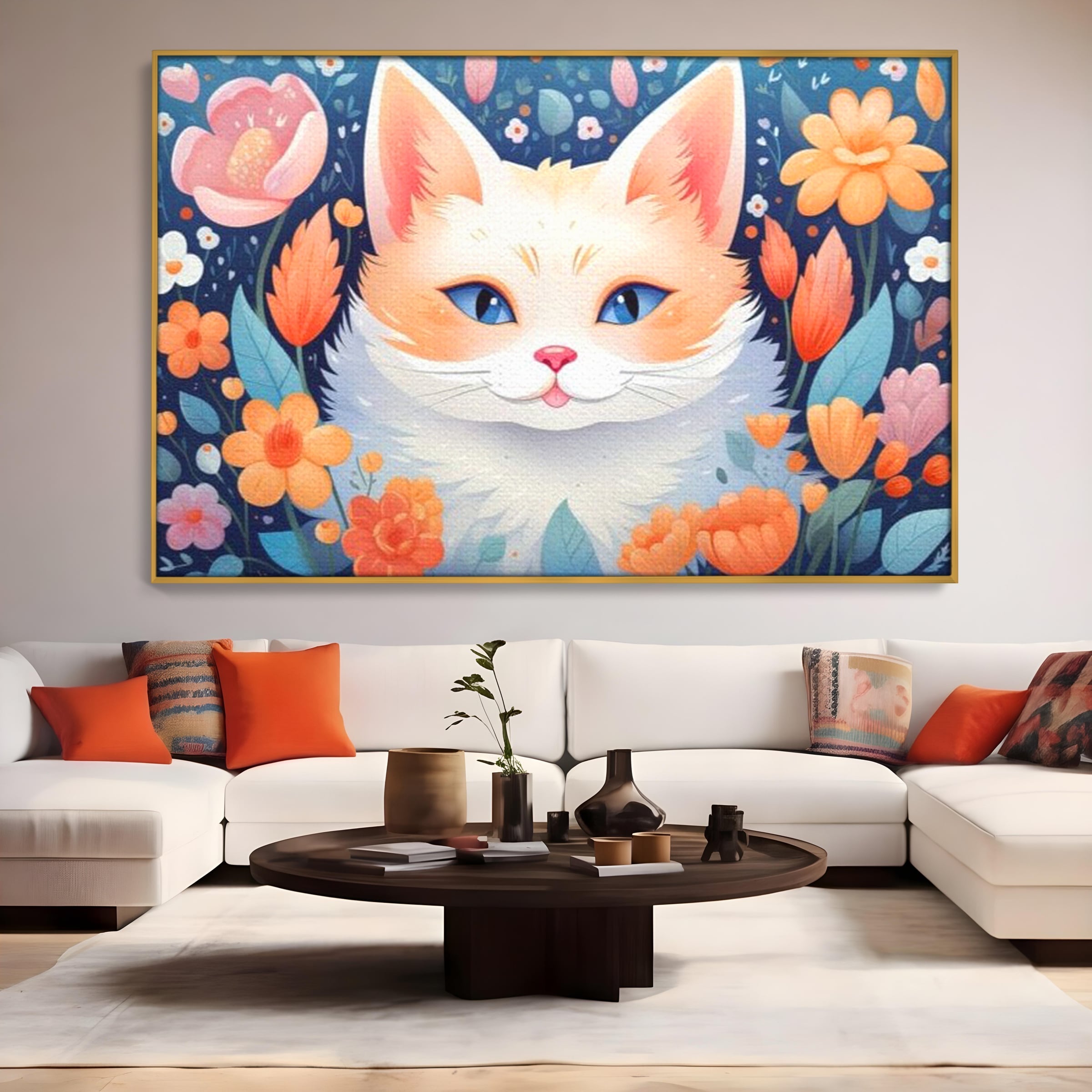 Tablou canvas cu ilustratie digitala cu pisica alba si flori, in rama de aluminiu auriu, pe perete intr-un living