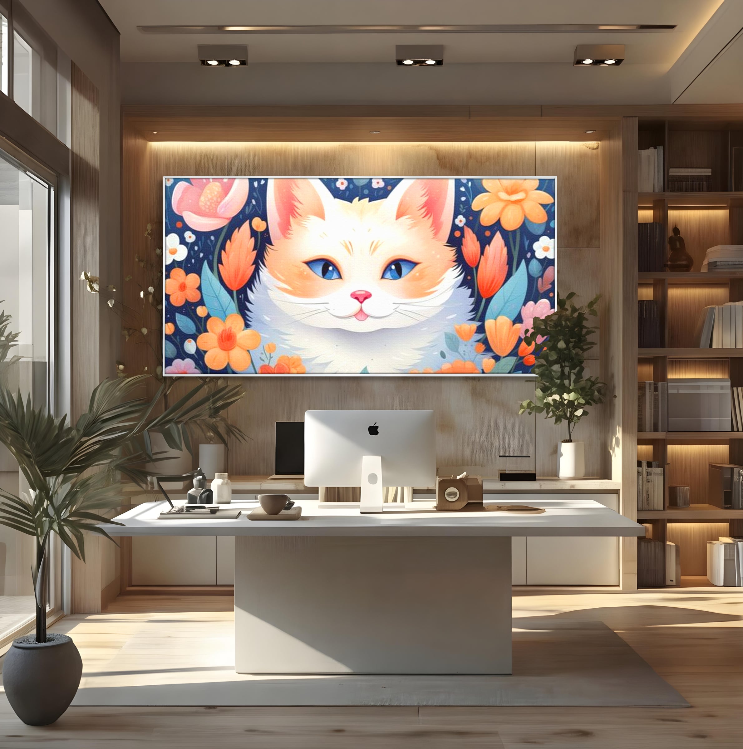 Tablou canvas cu ilustratie digitala cu pisica alba si flori, in rama de aluminiu argintiu, pe perete intr-un birou