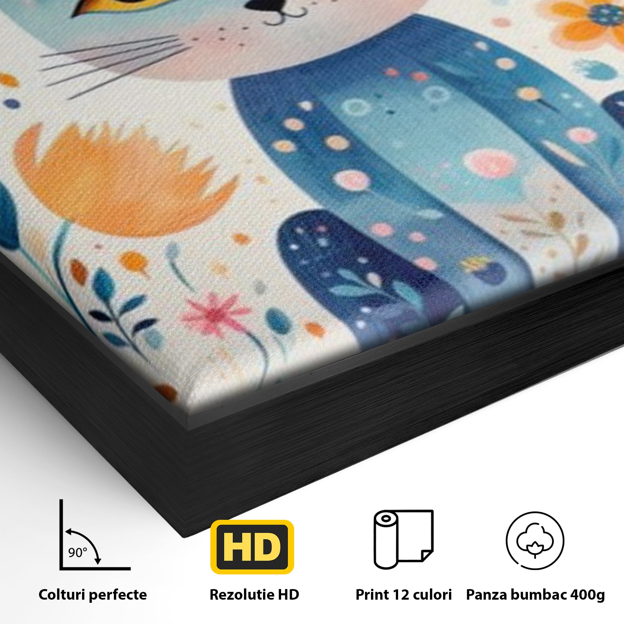 Detaliu al suprafetei: ilustratie digitala cu pisica albastra si flori, in rama de aluminiu negru