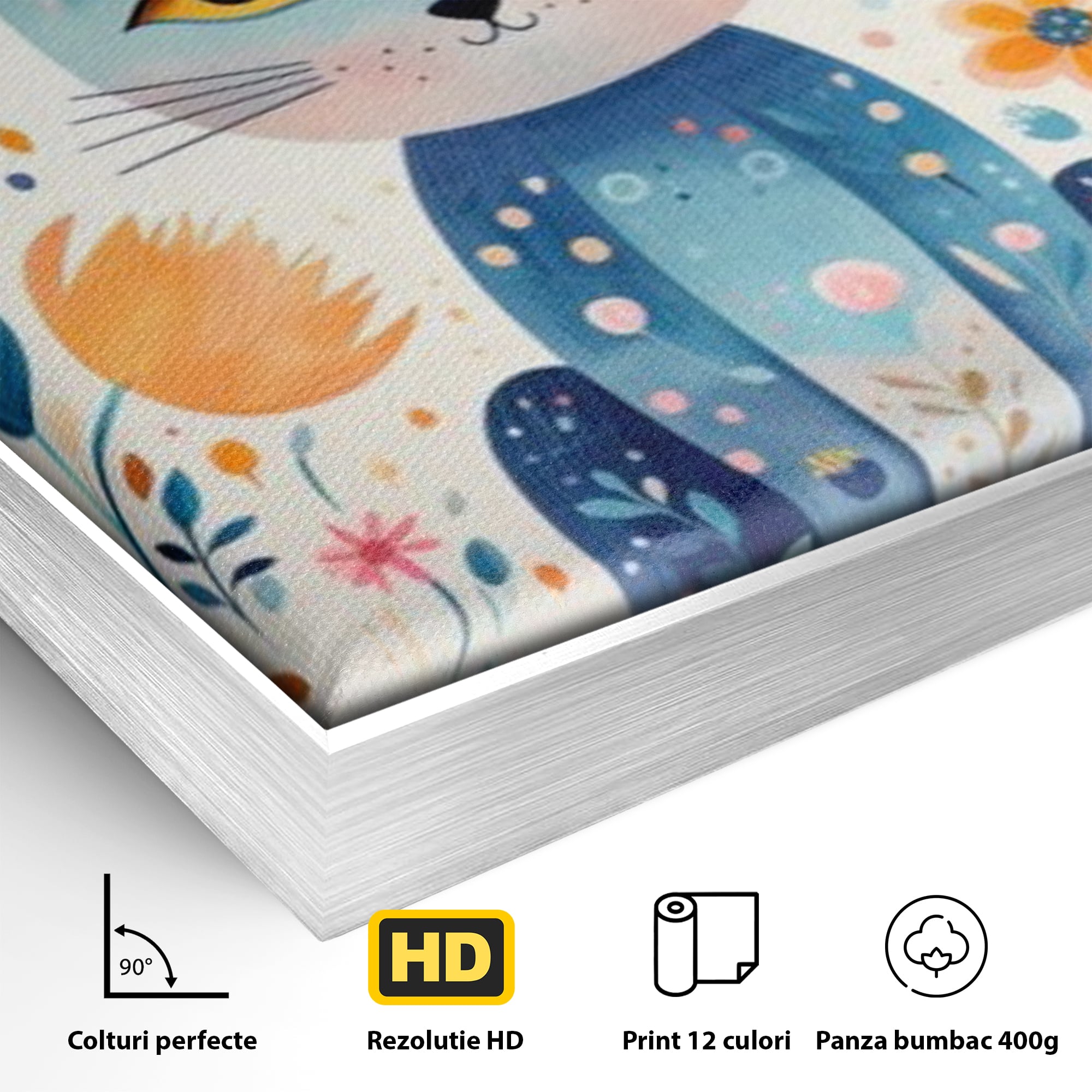 Detaliu al suprafetei: ilustratie digitala cu pisica albastra si flori, in rama de aluminiu argintiu