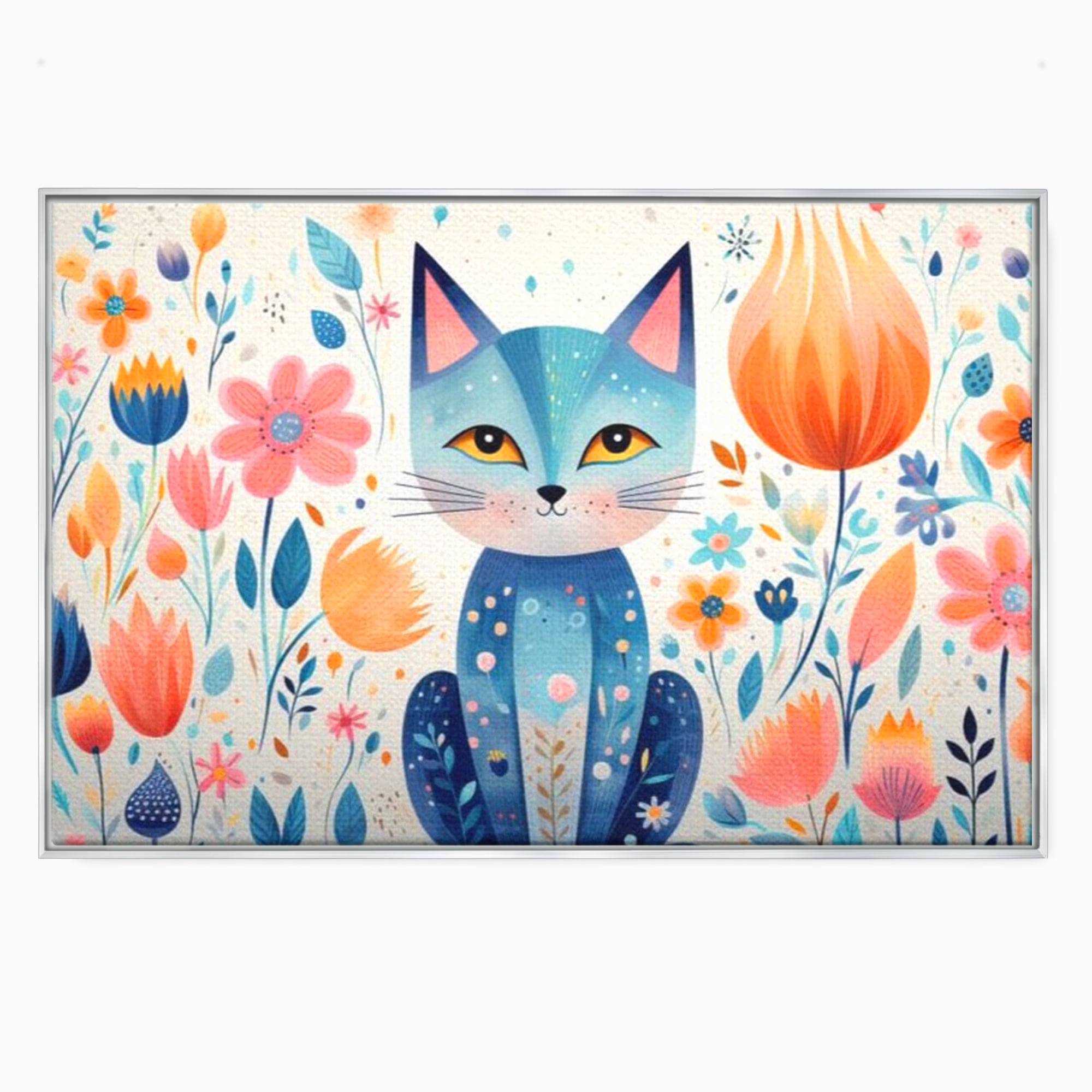 Tablou canvas cu ilustratie digitala cu pisica albastra si flori, in rama de aluminiu argintiu