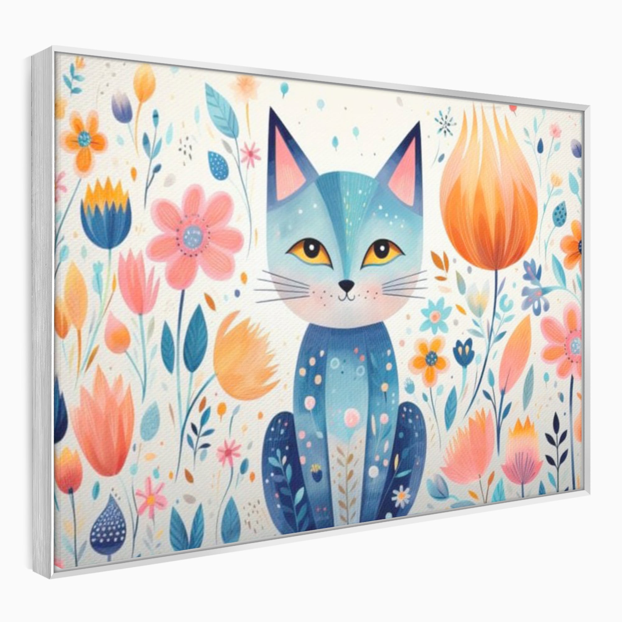 Tablou canvas cu ilustratie digitala cu pisica albastra si flori, in rama de aluminiu argintiu