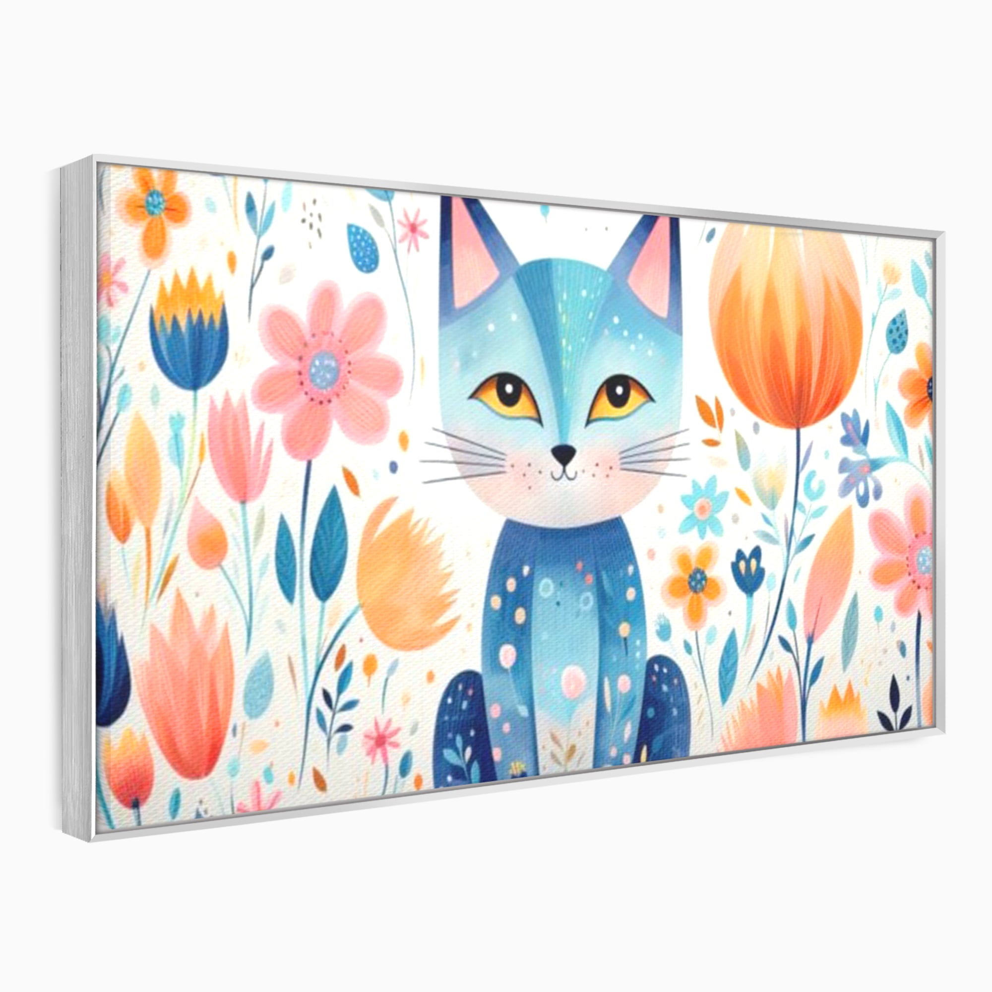 Tablou canvas cu ilustratie digitala cu pisica albastra si flori, in rama de aluminiu argintiu