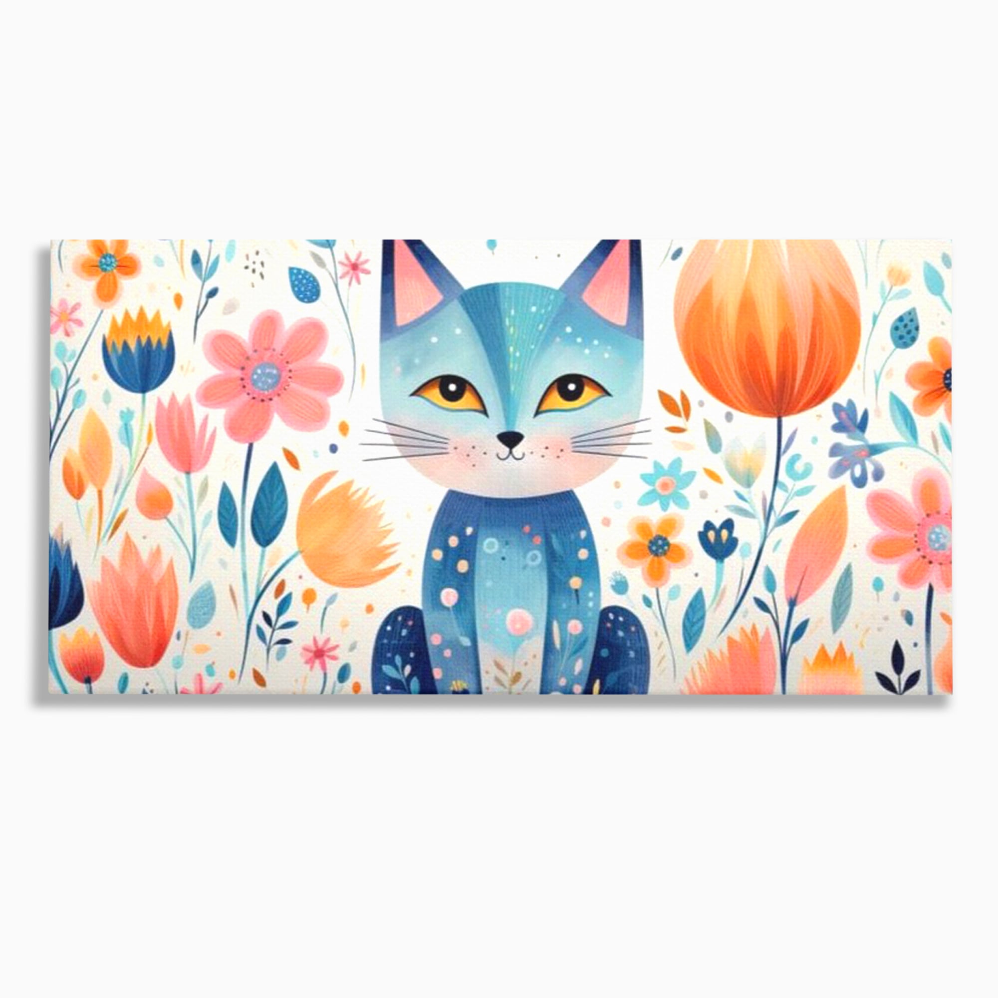 Tablou canvas cu ilustratie digitala cu pisica albastra si flori, fara rama, pe sasiu de lemn
