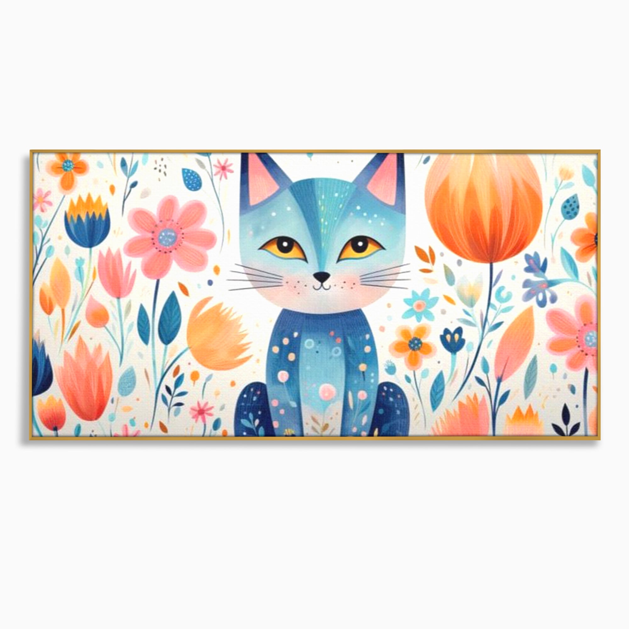 Tablou canvas cu ilustratie digitala cu pisica albastra si flori, in rama de aluminiu auriu