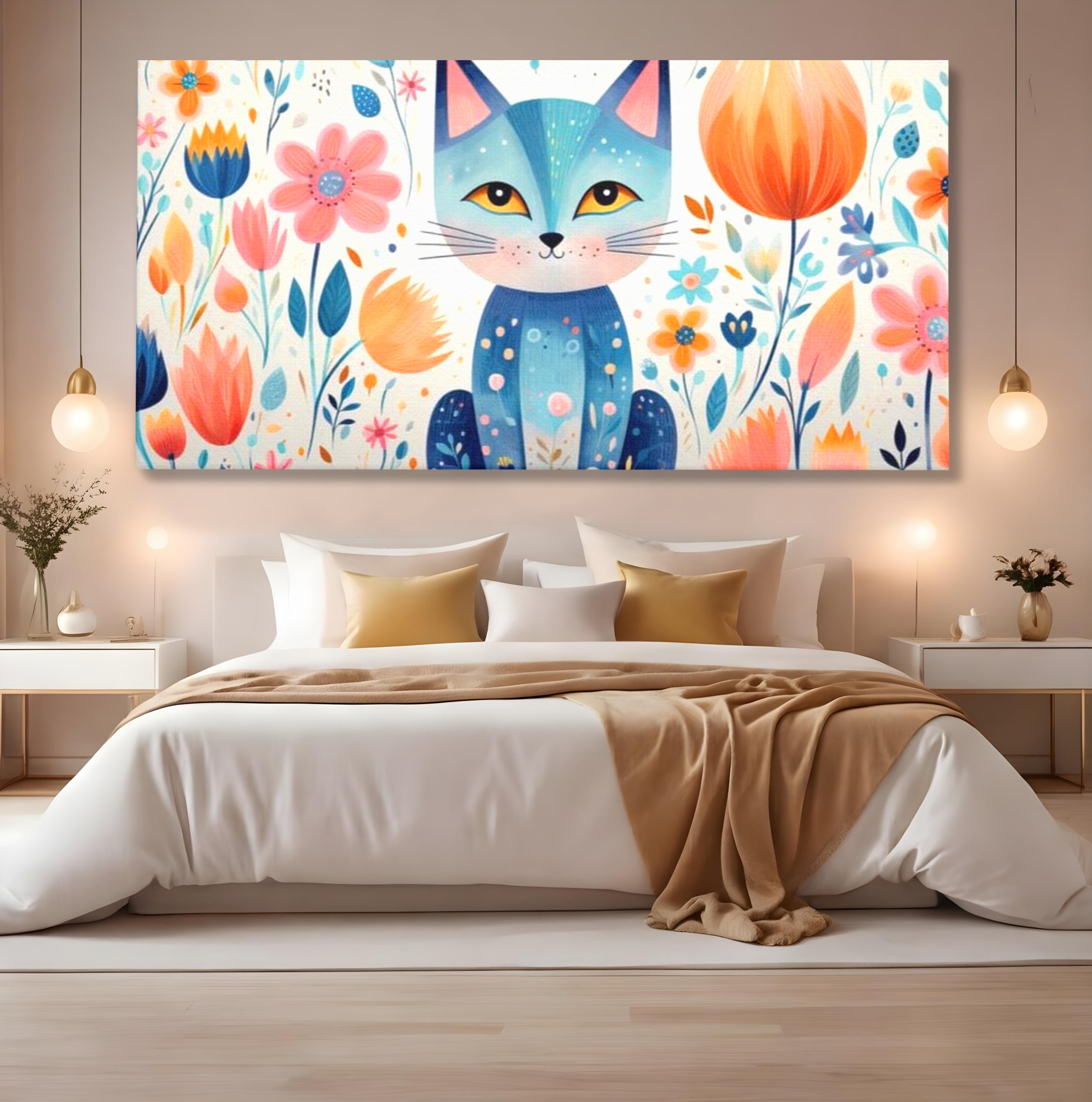 Tablou canvas cu ilustratie digitala cu pisica albastra si flori, fara rama, pe sasiu de lemn, pe perete intr-un dormitor