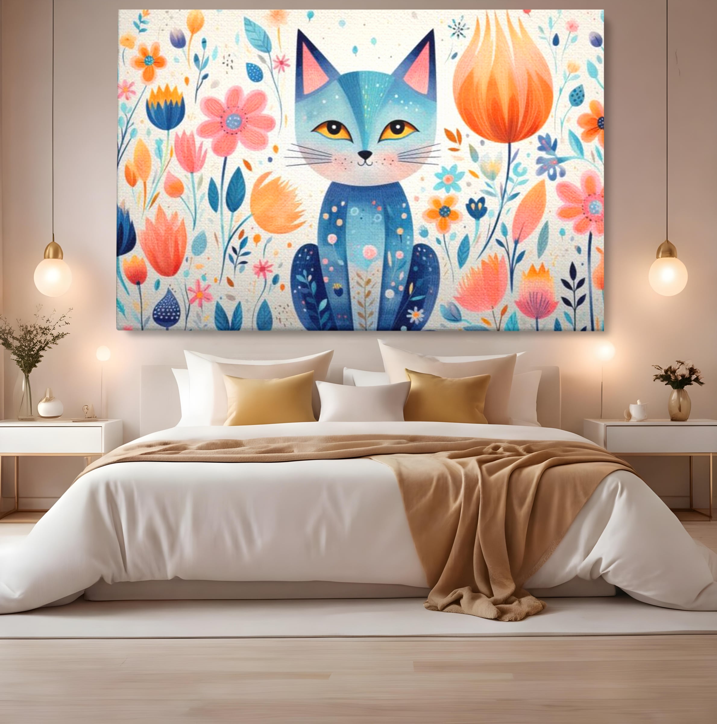 Tablou canvas cu ilustratie digitala cu pisica albastra si flori, fara rama, pe sasiu de lemn, pe perete intr-un dormitor