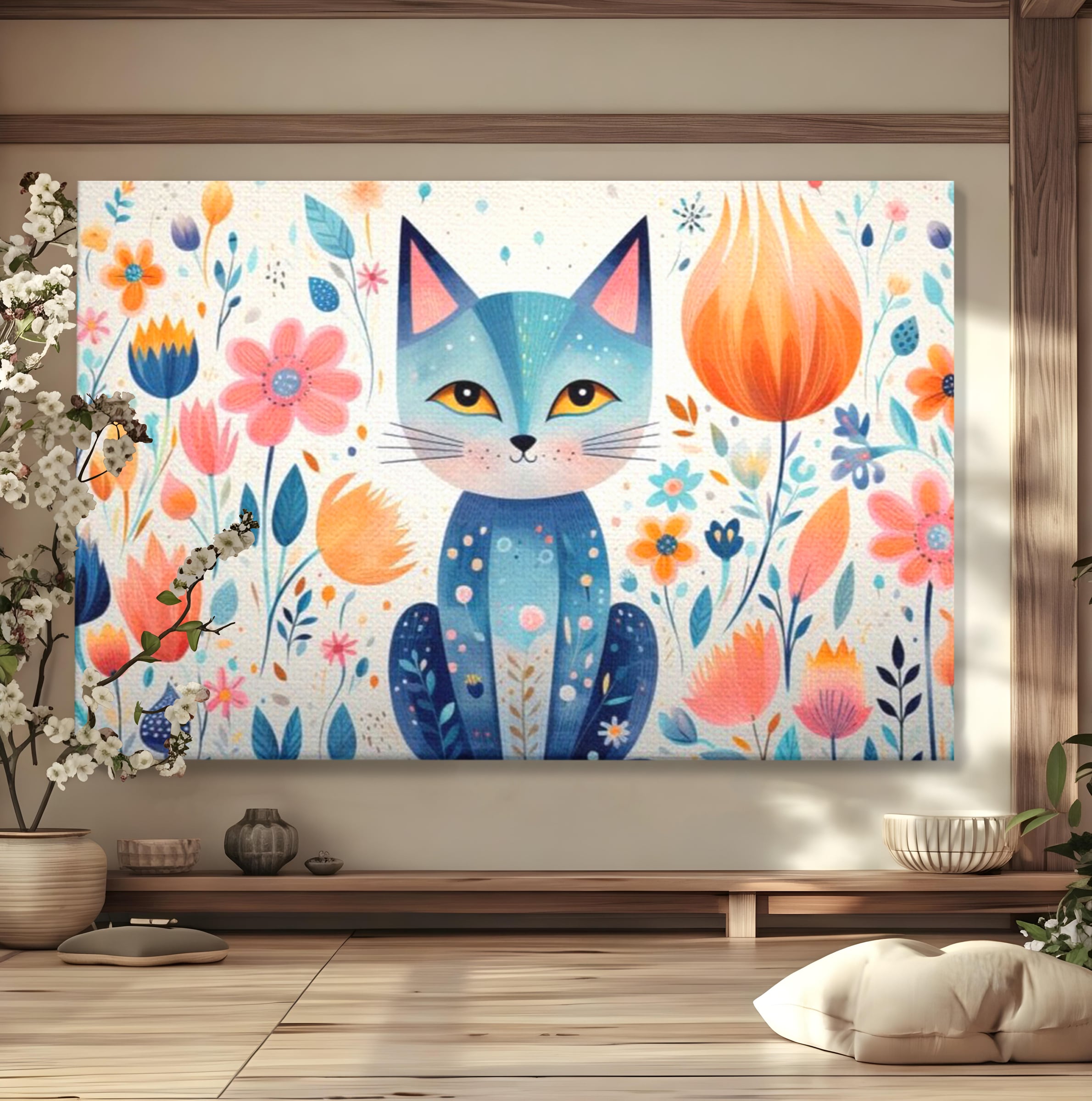Tablou canvas cu ilustratie digitala cu pisica albastra si flori, fara rama, pe sasiu de lemn